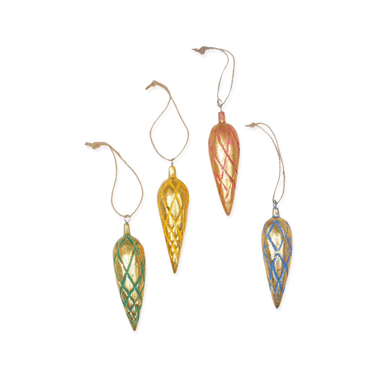 Golden Cones - Four Handcrafted Gold Tone Albesia Wood Ornaments from Bali