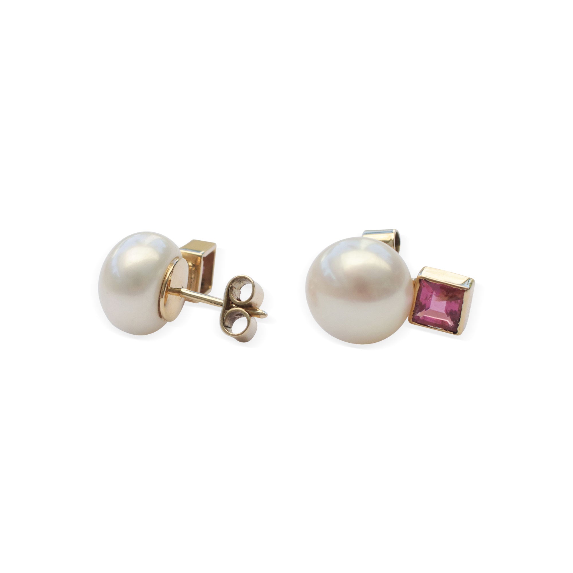 Glowing Delicacy - a Gold Accented Cultured Pearl and Tourmaline Button Earrings