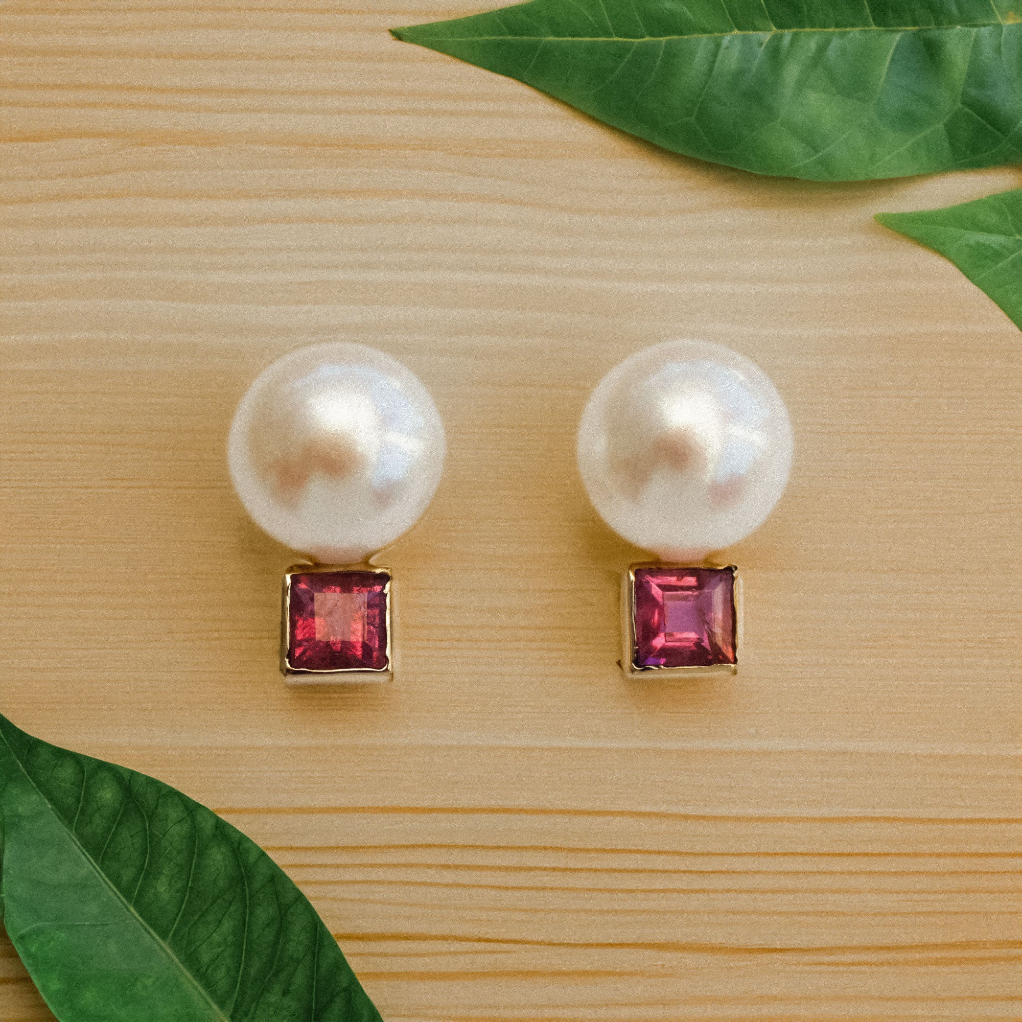 Glowing Delicacy - a Gold Accented Cultured Pearl and Tourmaline Button Earrings