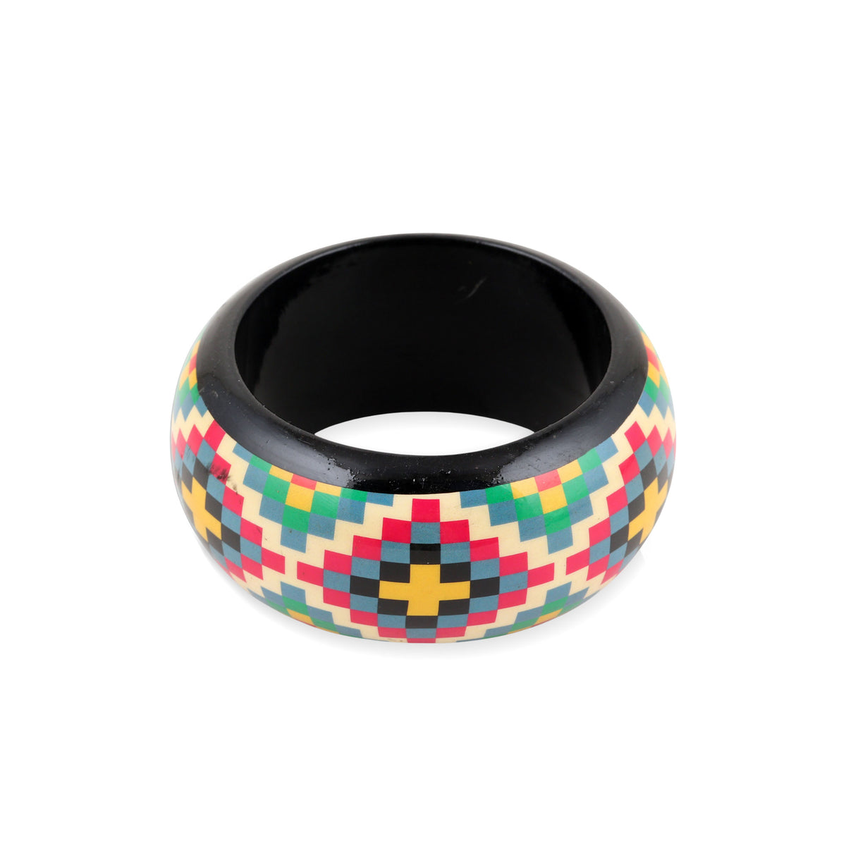 Checkered Stars - a Haldu Wood Bangle Bracelet with Colorful Printed Pattern