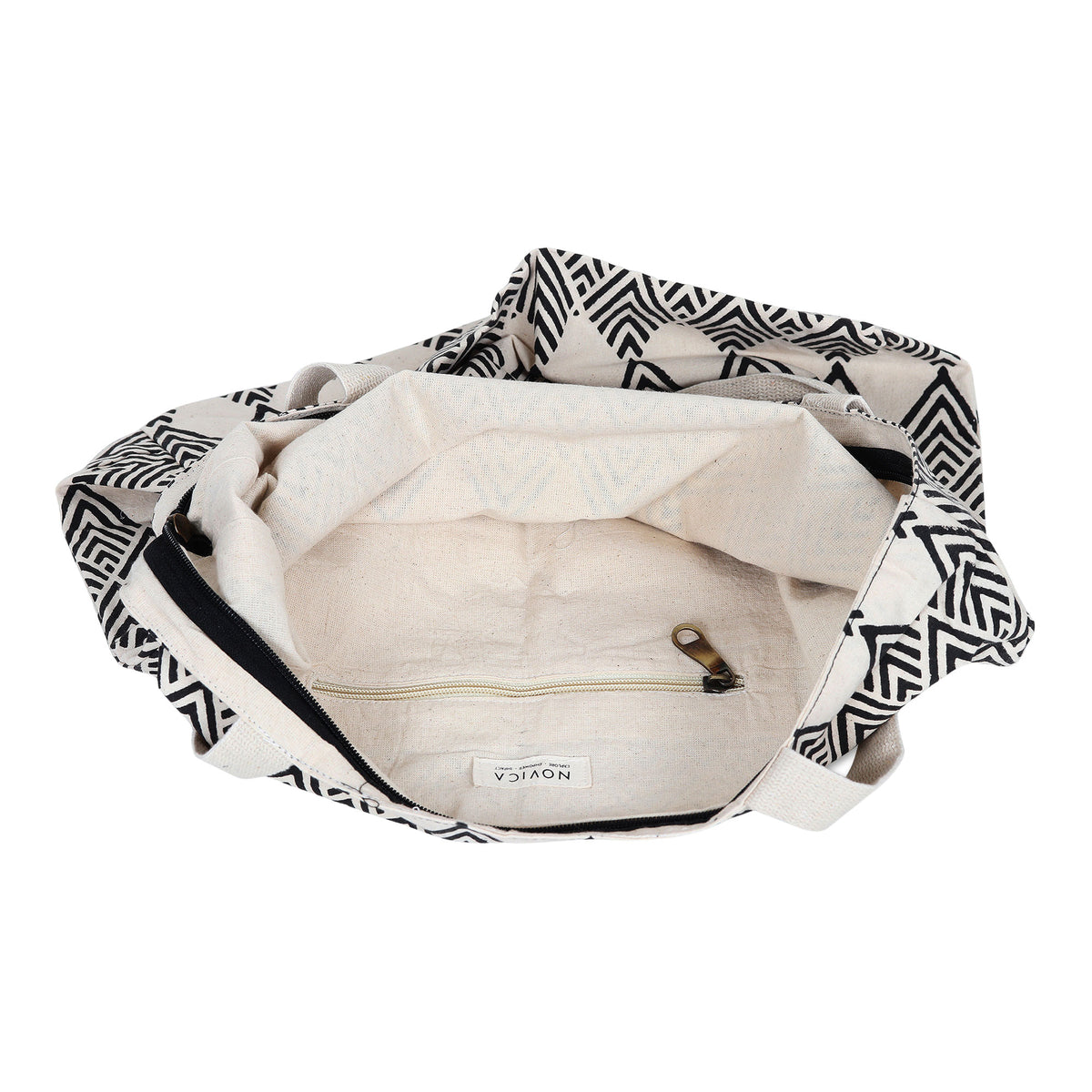 Cotton Tote Bag with Block-Printed Black Diamonds