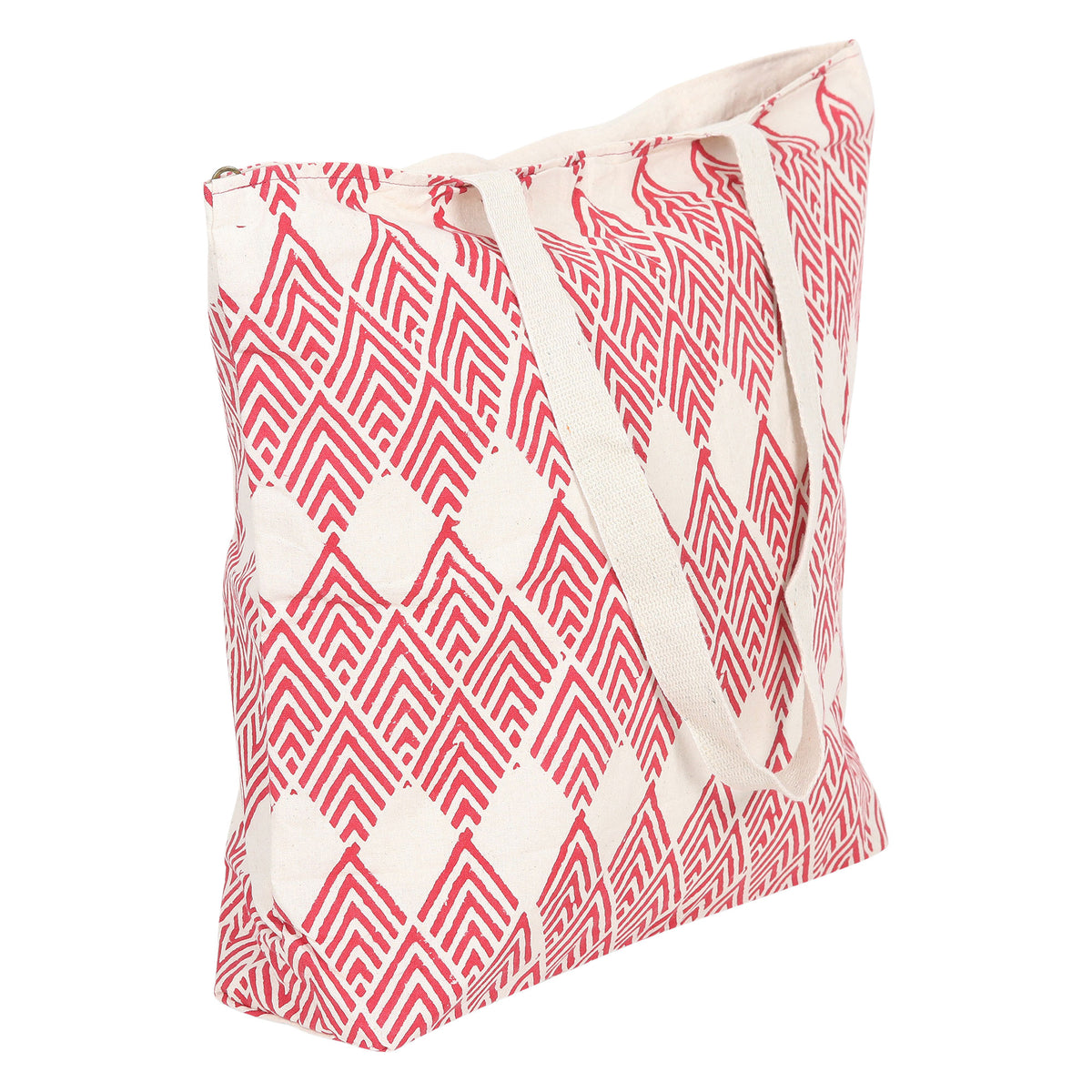 Cotton Tote Bag with Crimson Block-Printed Diamonds
