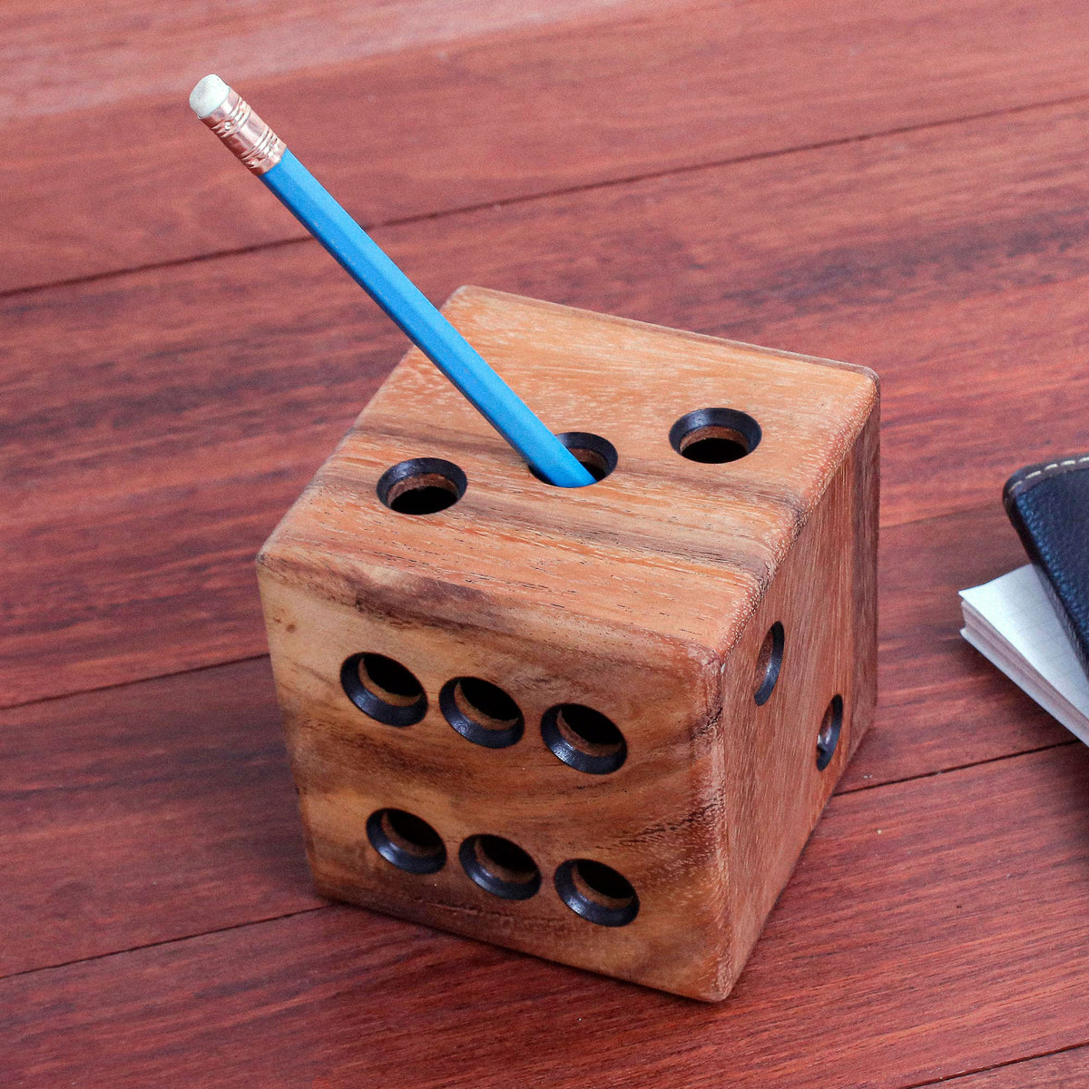 Hand Carved Raintree Wood Pen Holder from Thailand