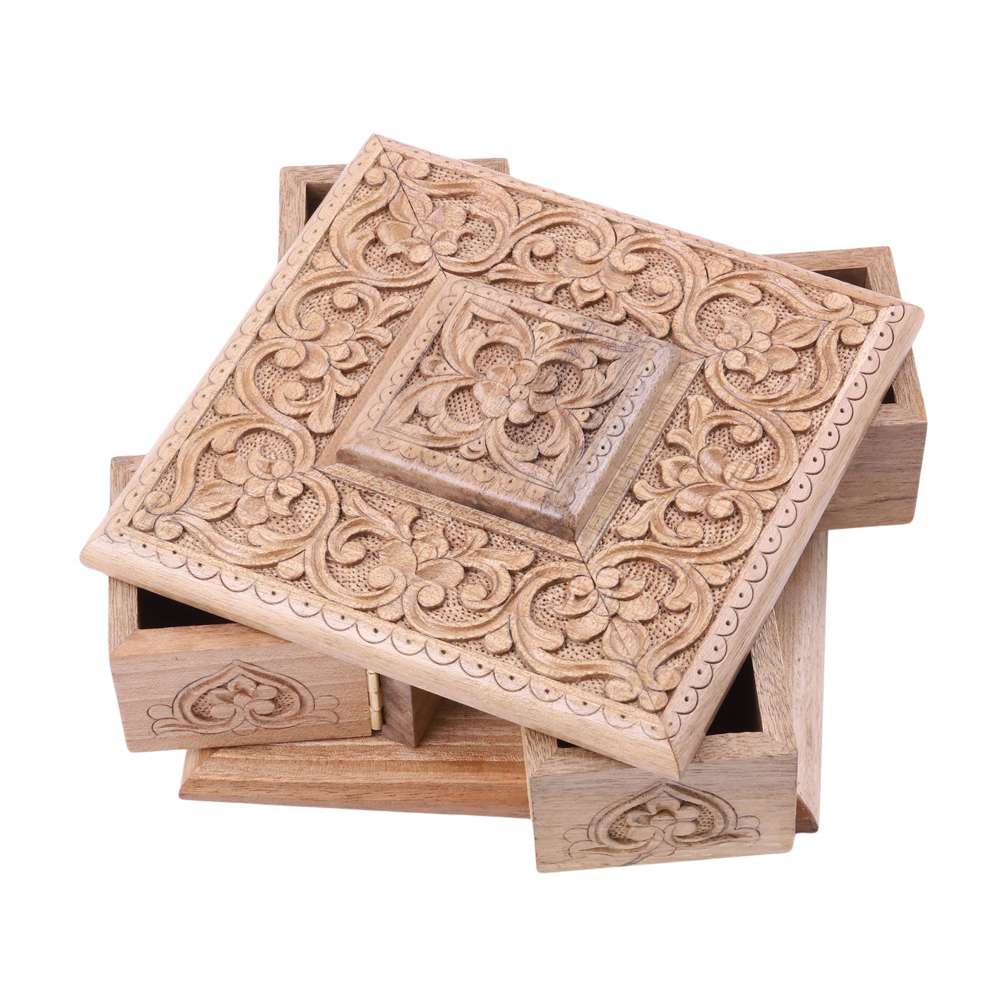Dreamy Square - Hand-Carved Walnut Wood Jewelry Box with Floral Details