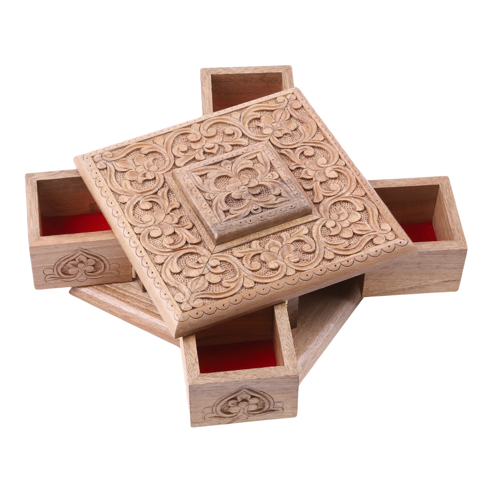 Dreamy Square - Hand-Carved Walnut Wood Jewelry Box with Floral Details