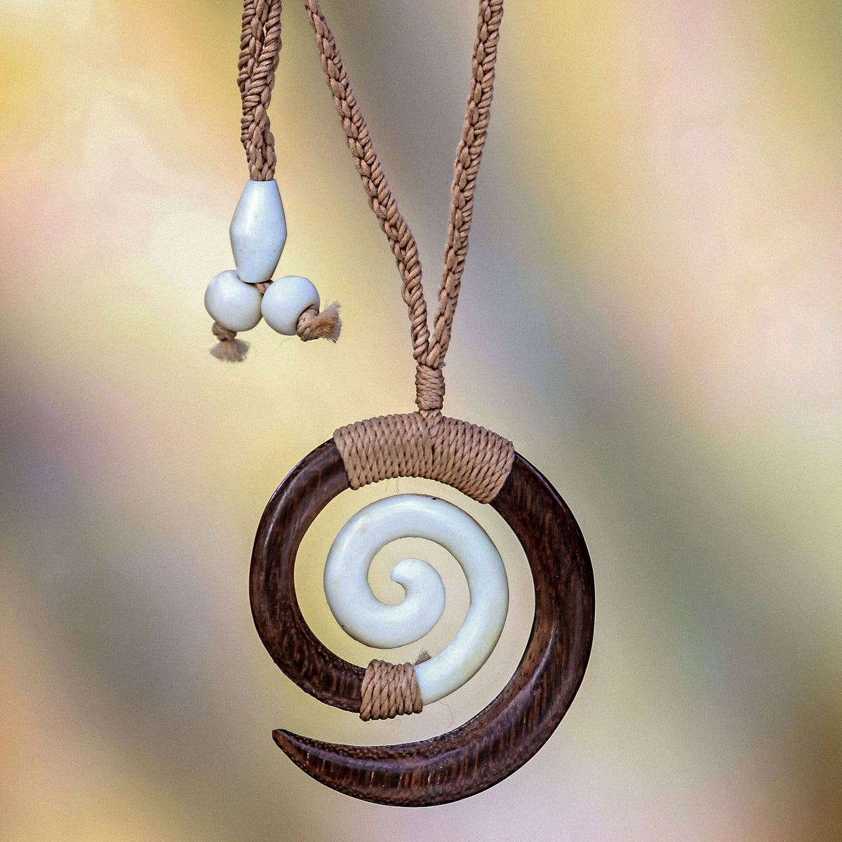 Hand Carved Wood and Bone Macrame Necklace - Hypnotic Borneo