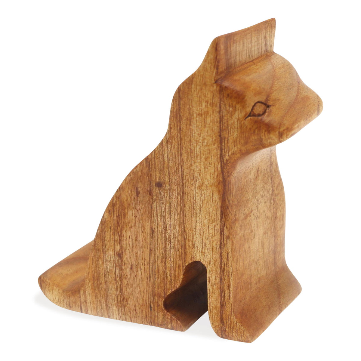 Handcrafted by Indonesian Artisans - Hand Made Jempinis Wood Cat Phone Stand - Dialing Cat