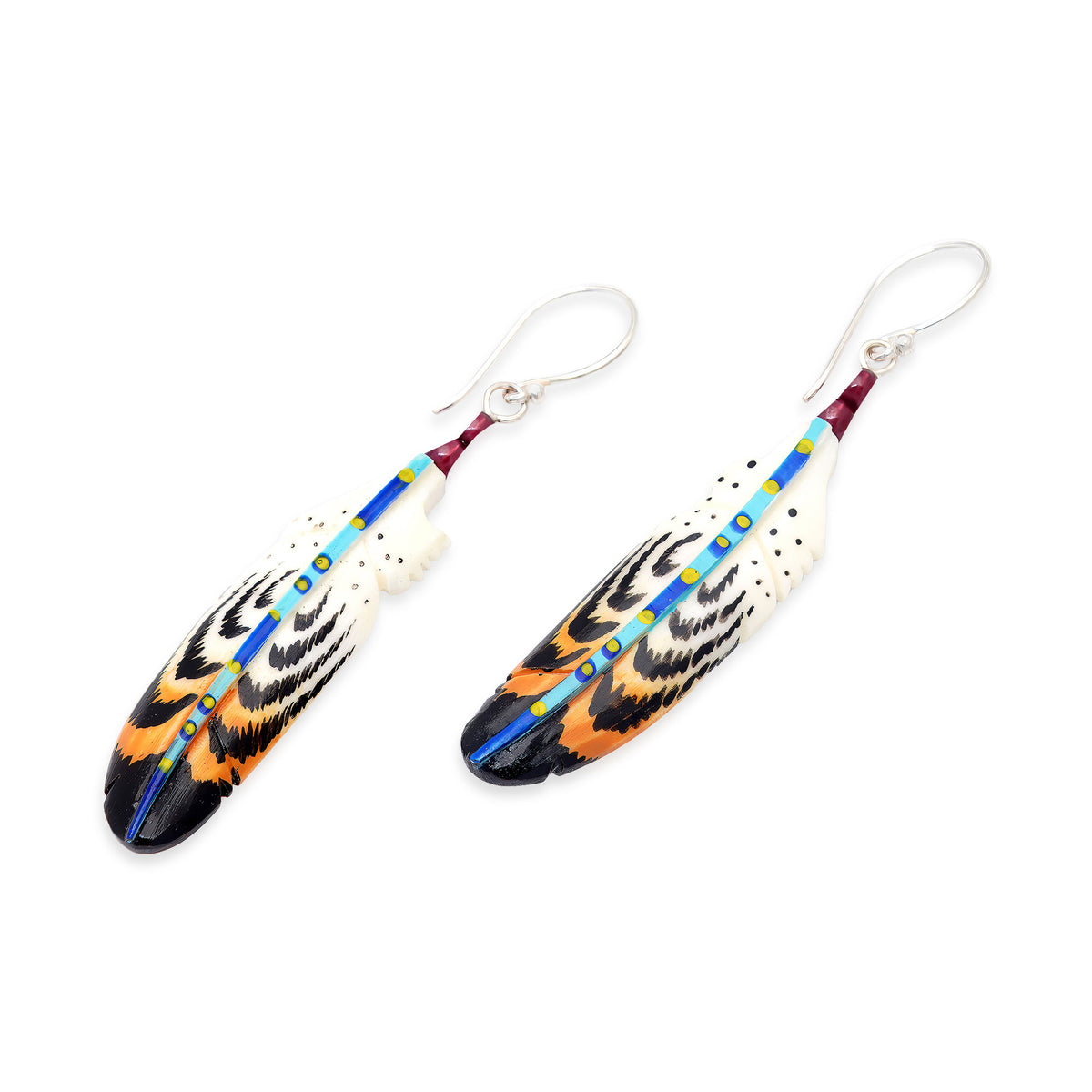 Hand-Painted Garnet Accent Feather Dangle Earrings - Antique Feathers