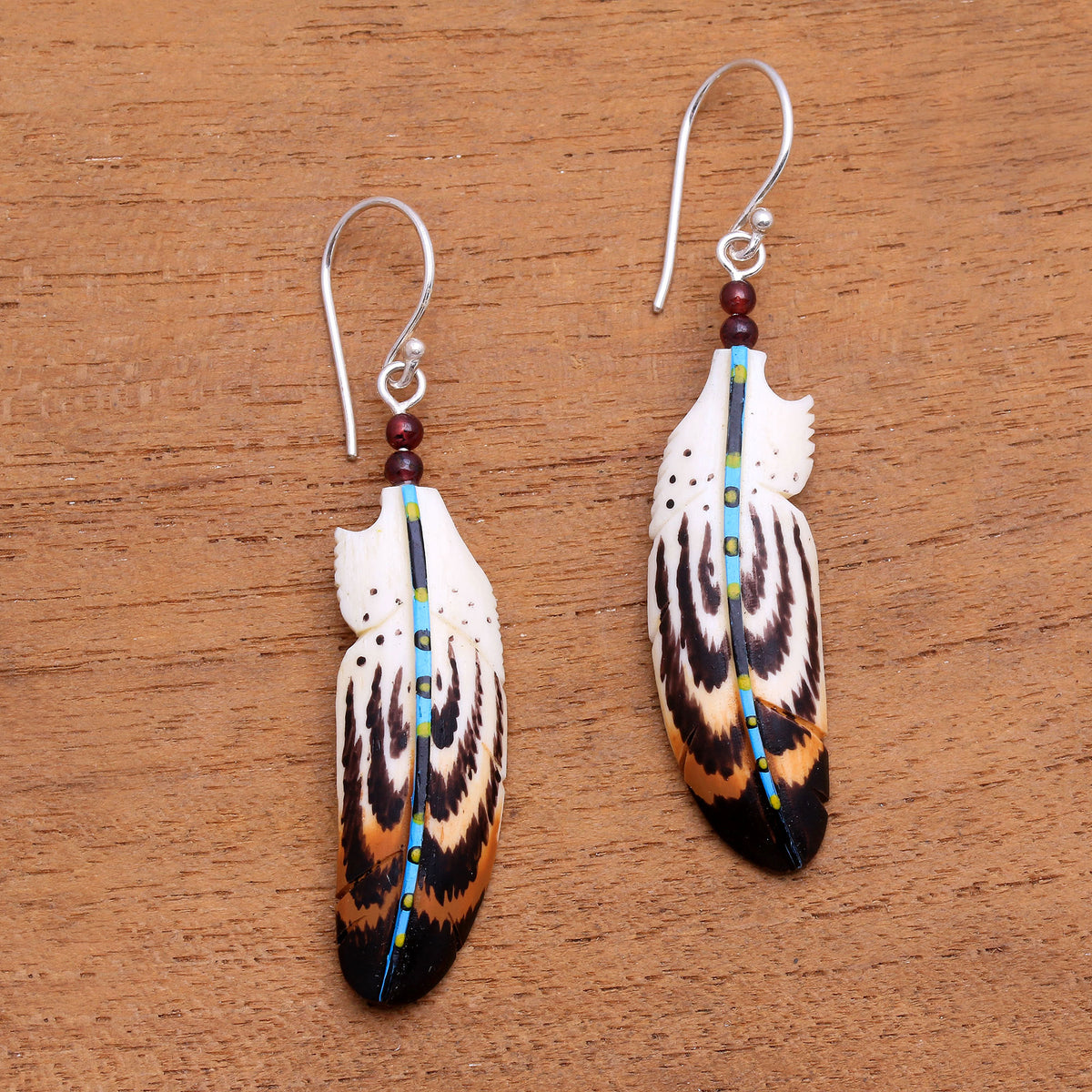 Hand-Painted Garnet Accent Feather Dangle Earrings - Antique Feathers