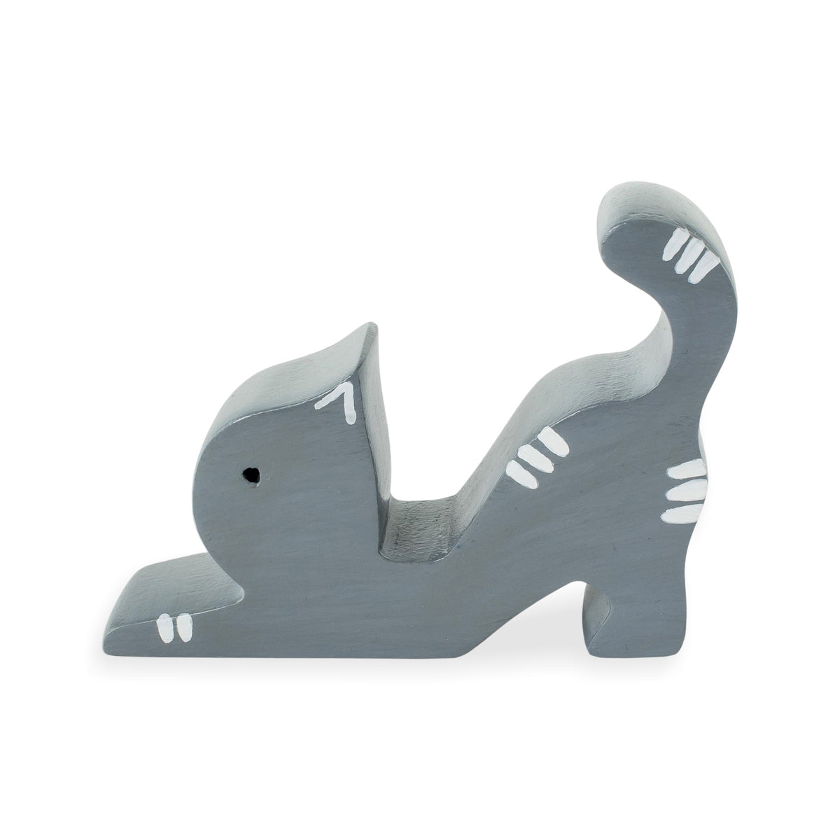 Stretching Cat - Hand-carved Grey Wood Cat Phone Holder