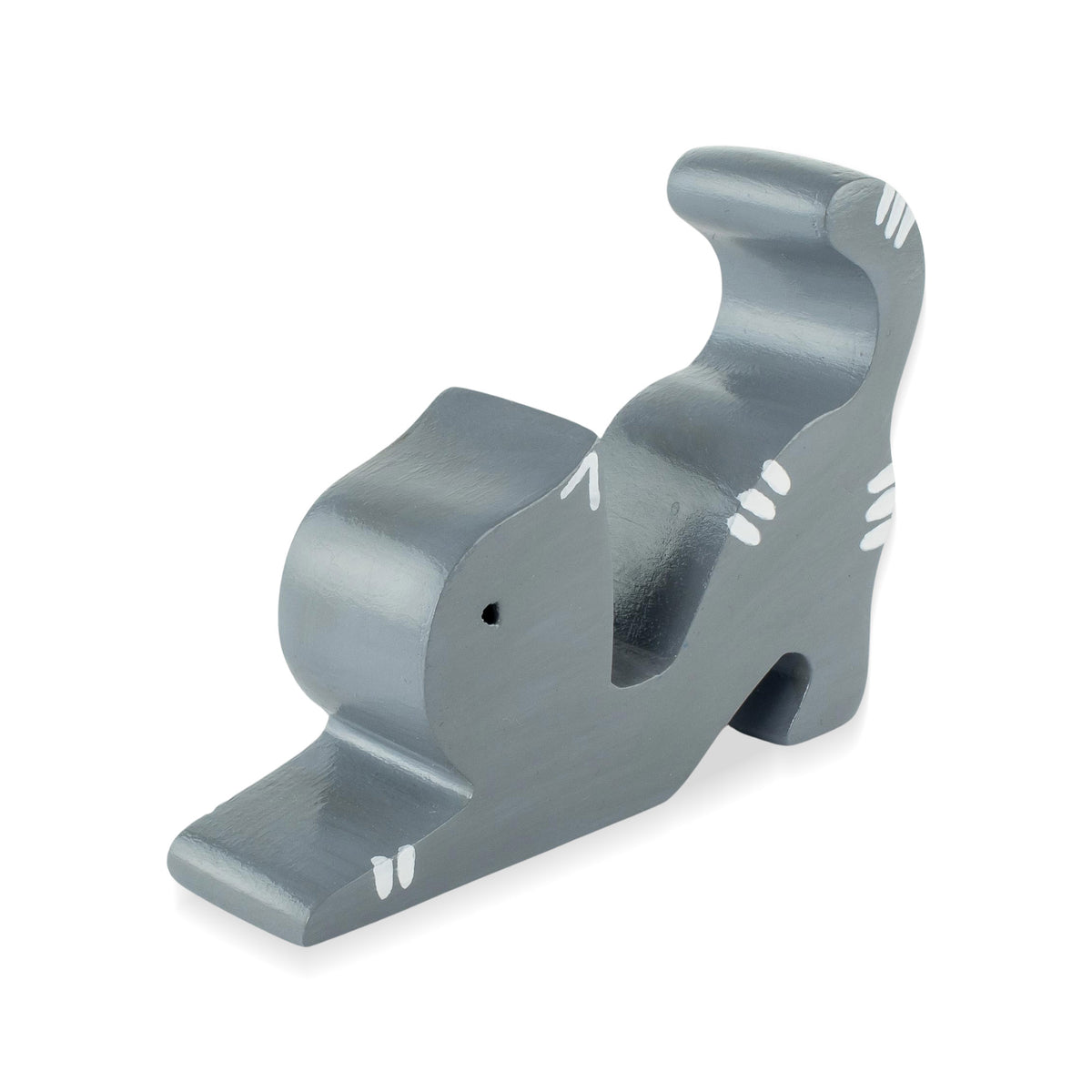 Stretching Cat - Hand-carved Grey Wood Cat Phone Holder