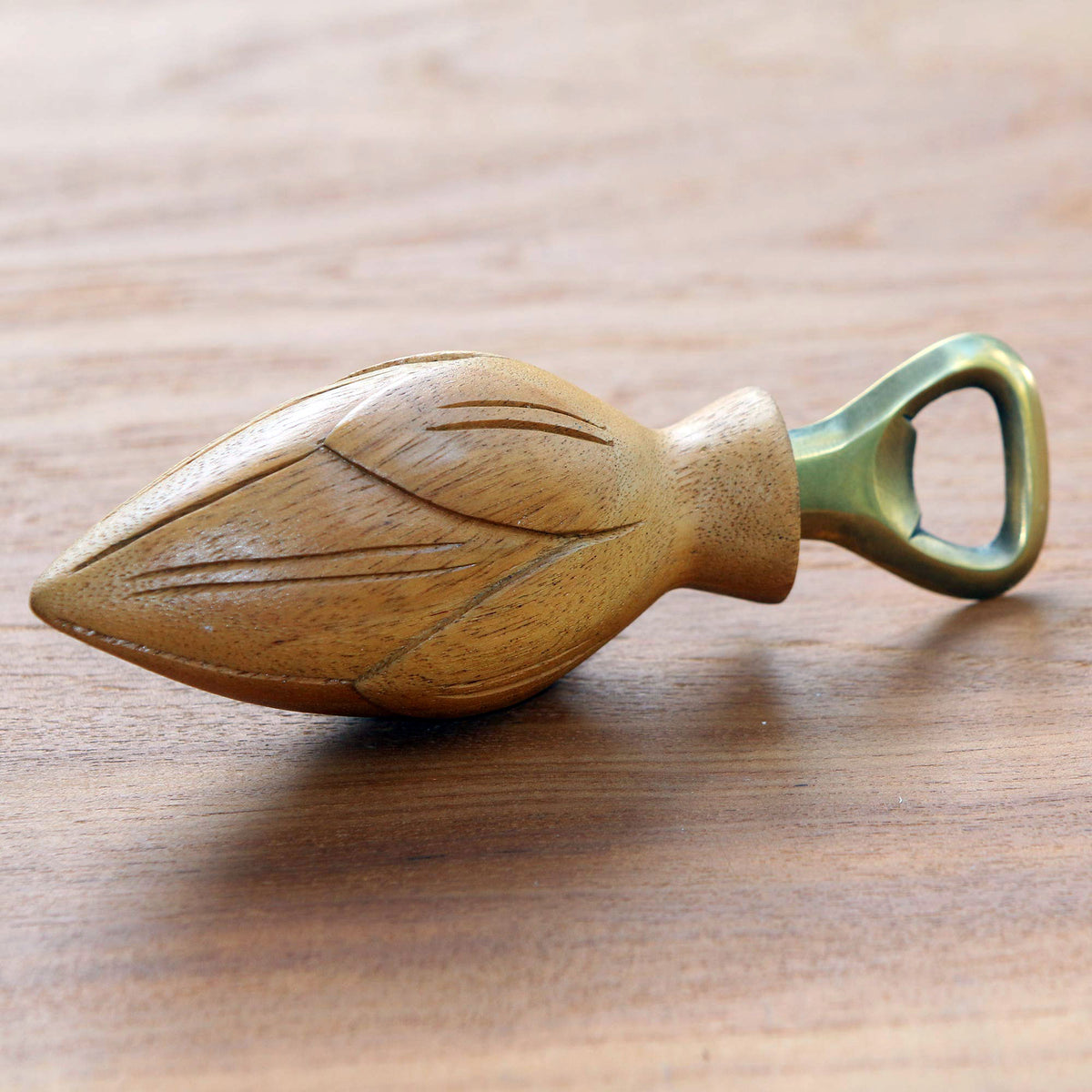Handcrafted Wood Lotus Bottle Opener in Brown from Bali