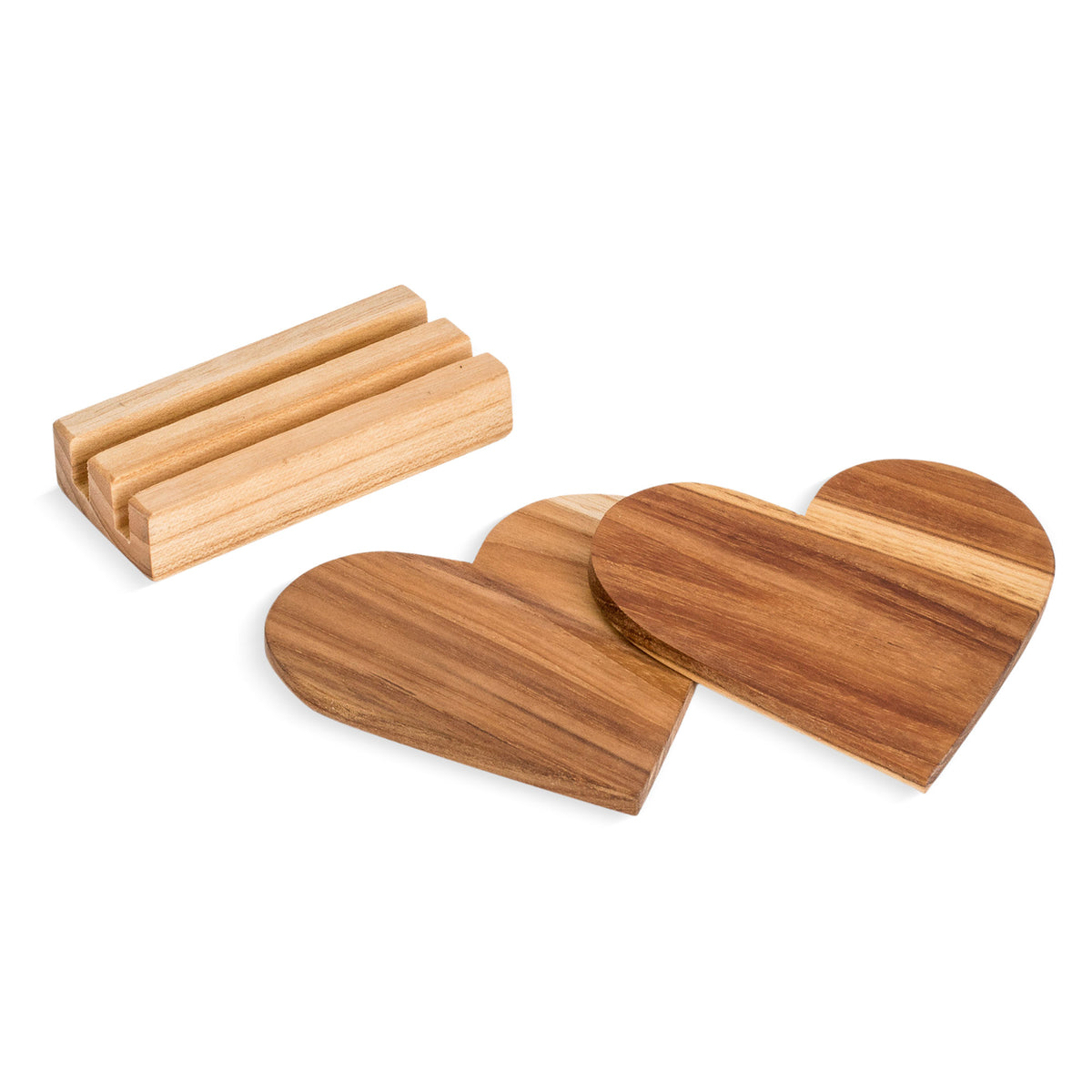 Love Elixir - a 3-Piece Set of Heart-Shaped Teak Wood Coasters with Base