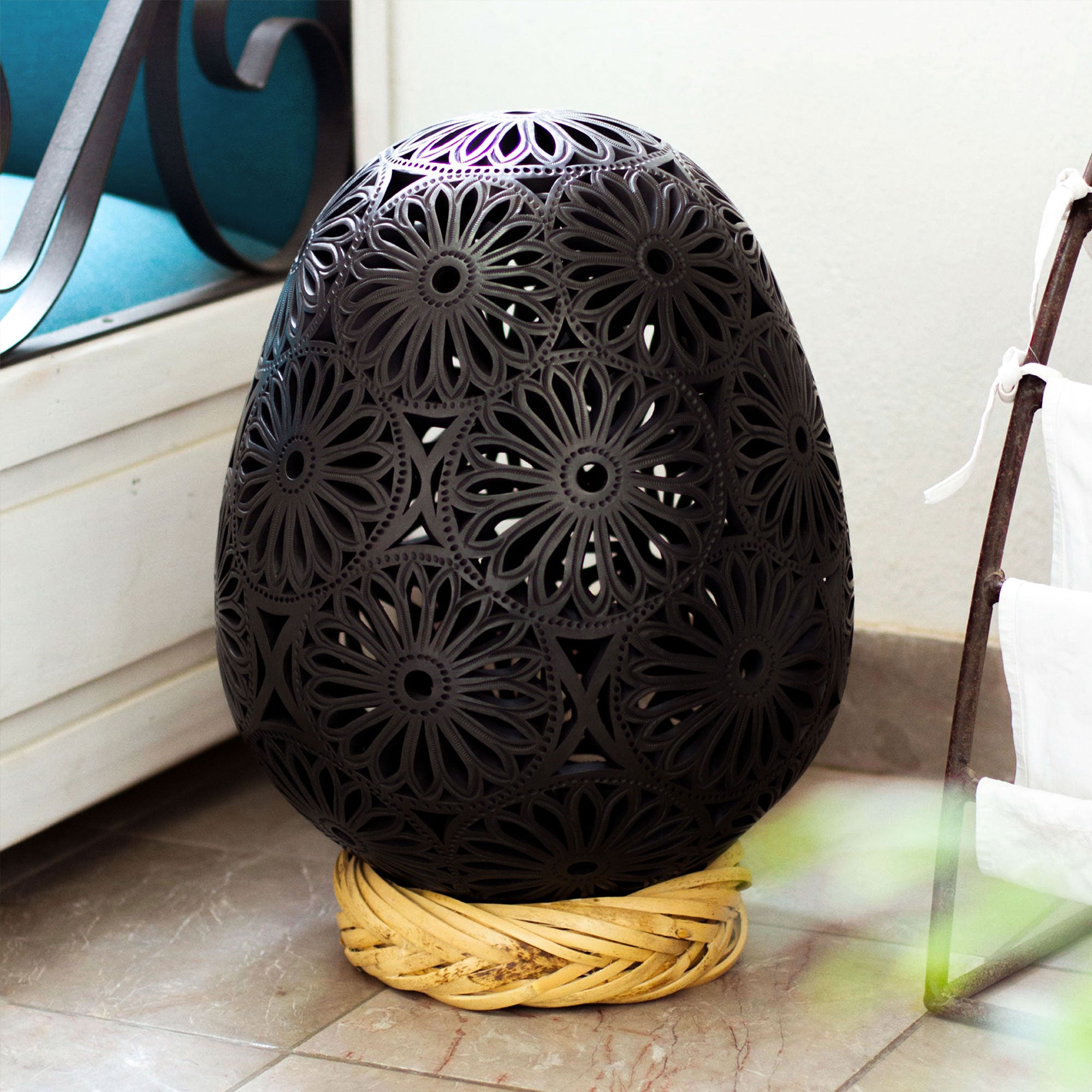 Floral Egg - Large Oaxaca Black Pottery Floral Egg Shaped Sculpture