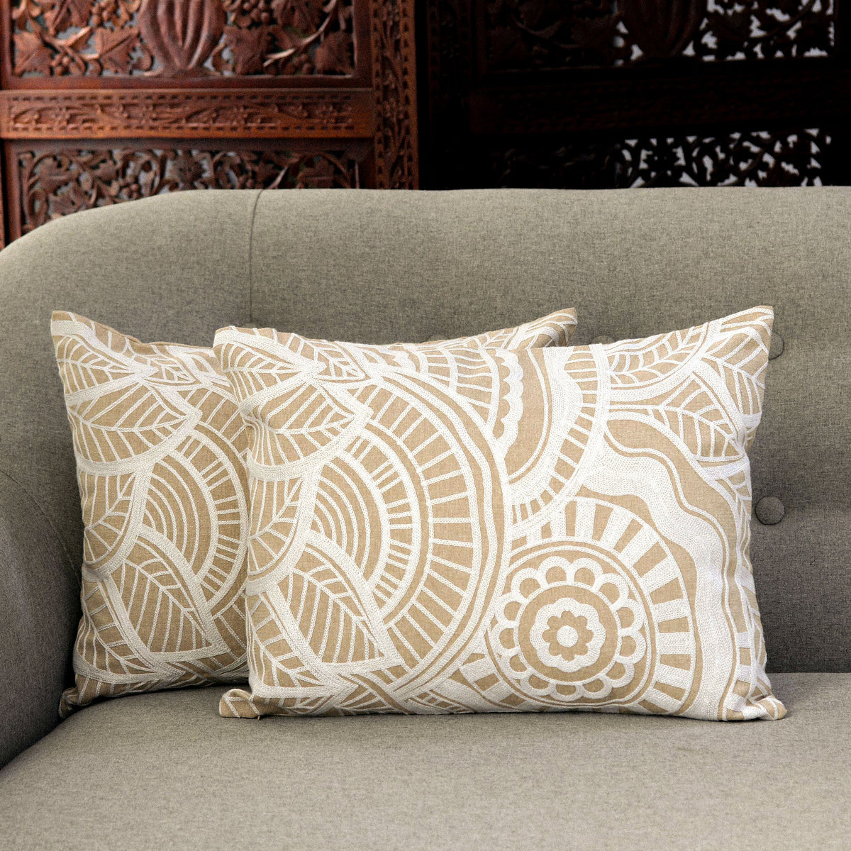 Mandala Pattern Embroidered Cotton Cushion Covers (Pair)