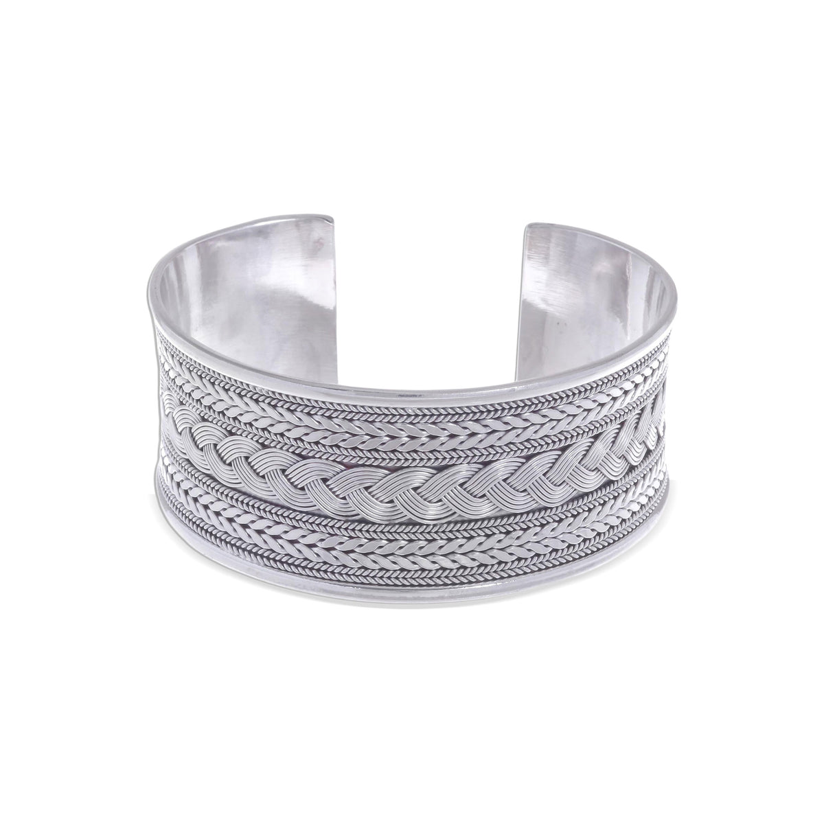 Mixed Braided Motifs Sterling Silver Cuff Bracelet - Exotic Waves