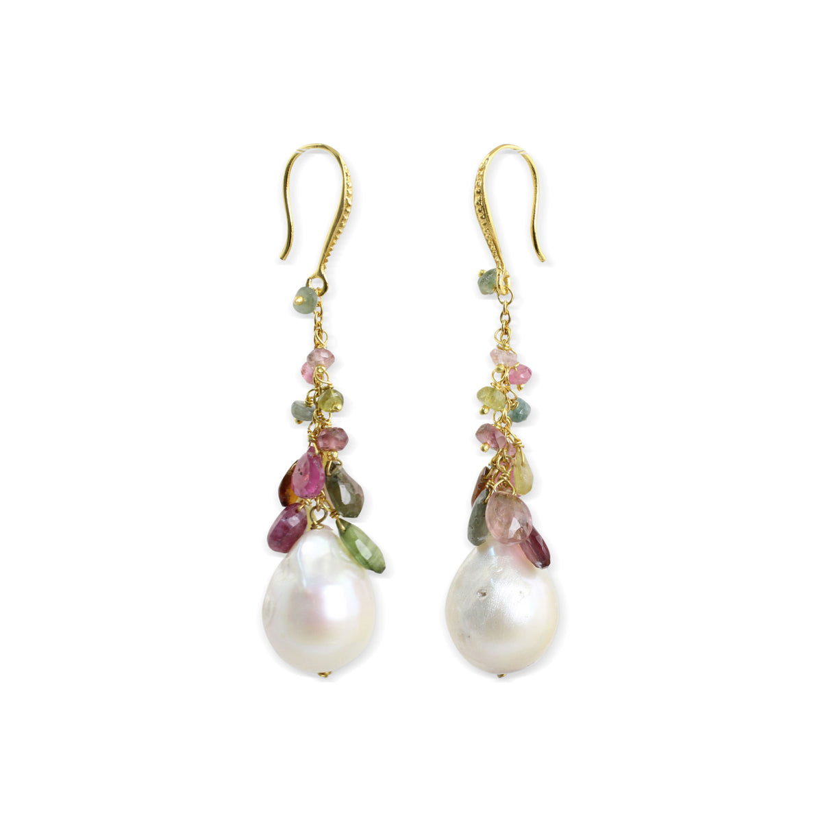 Multicolor Tourmaline and Pearls on Gold Plated Earrings - Thai Vineyard