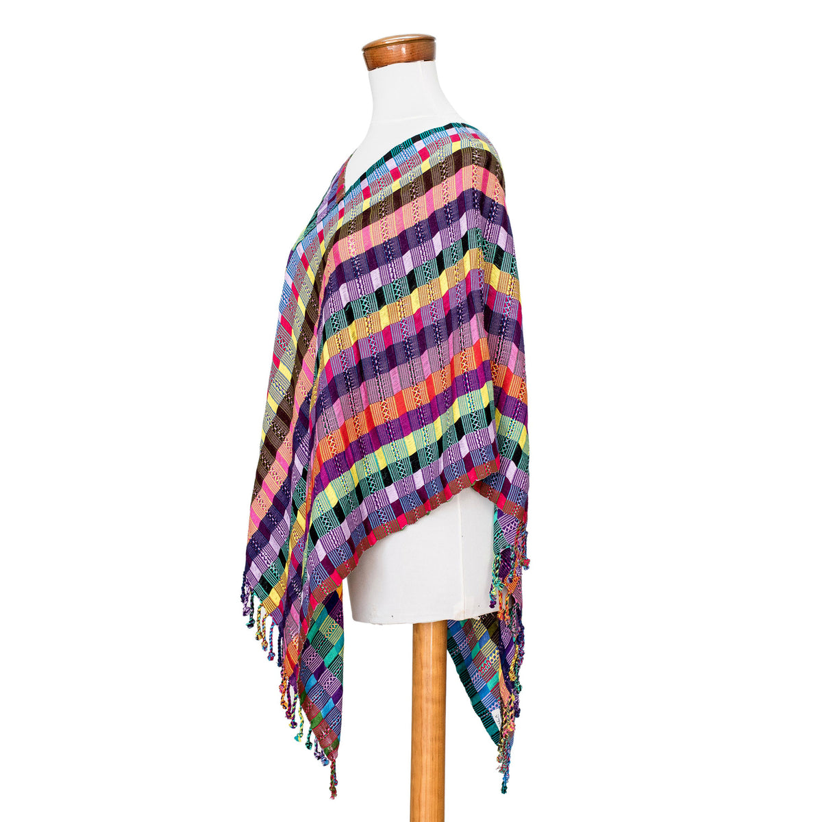 San Juan Fiesta - a Vibrant and Multicolored Cotton Poncho from Guatemala