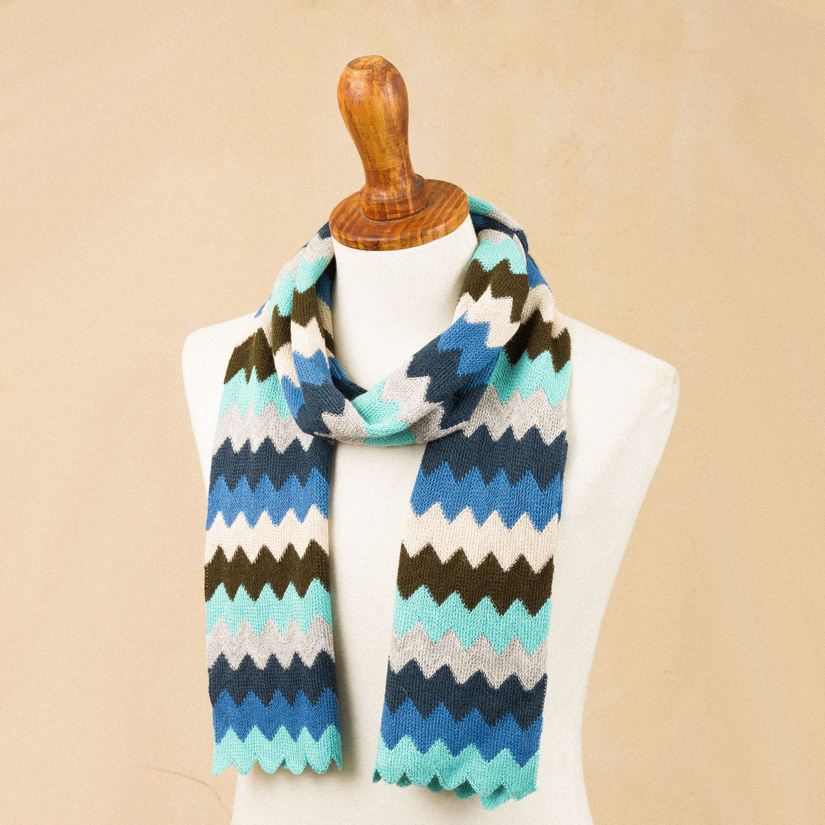 Oceanic Zigzag Pattern Alpaca Blend Wrap Scarf from Peru