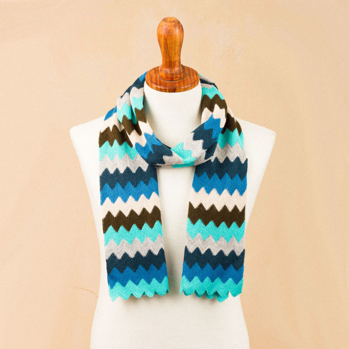 Oceanic Zigzag Pattern Alpaca Blend Wrap Scarf from Peru