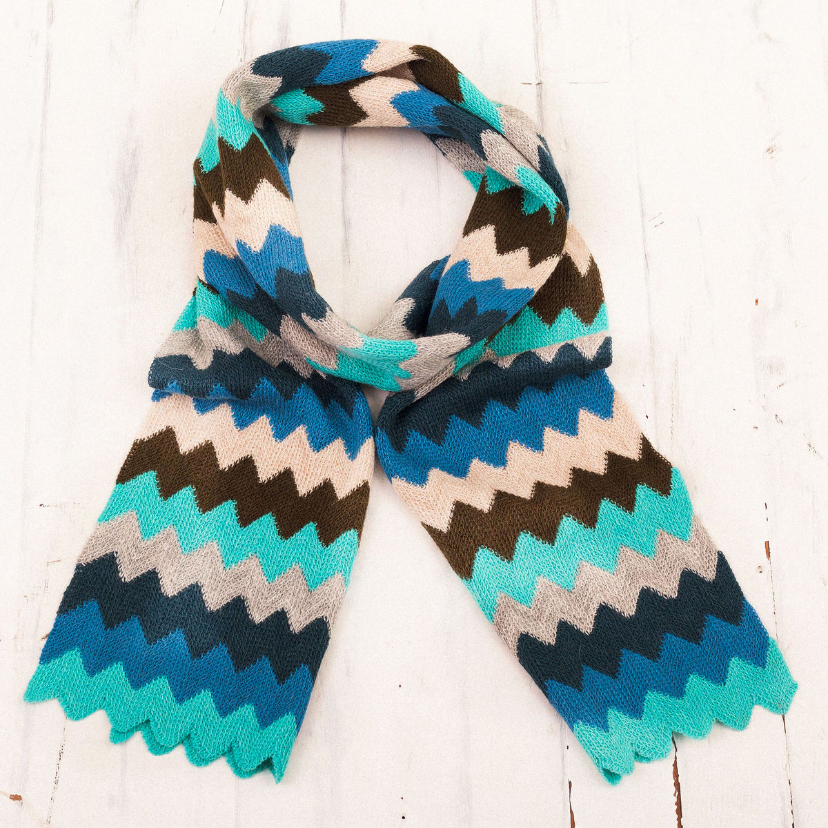 Oceanic Zigzag Pattern Alpaca Blend Wrap Scarf from Peru