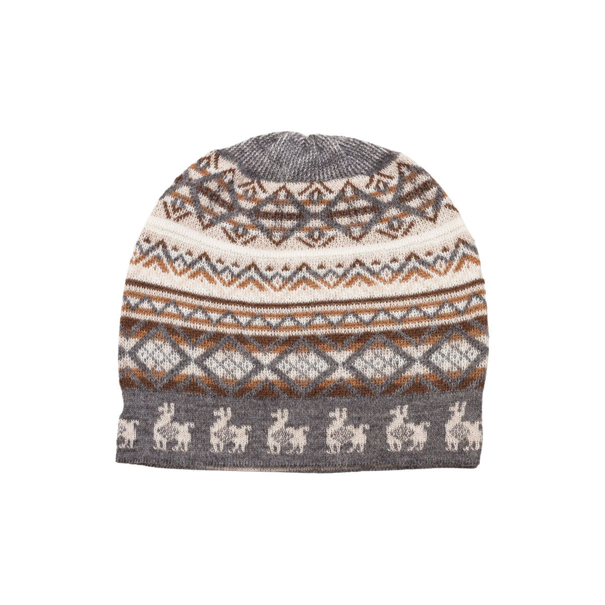 Alpaca Mountain - an Off-White Brown and Grey Diamond Motif Alpaca Blend Knit Hat