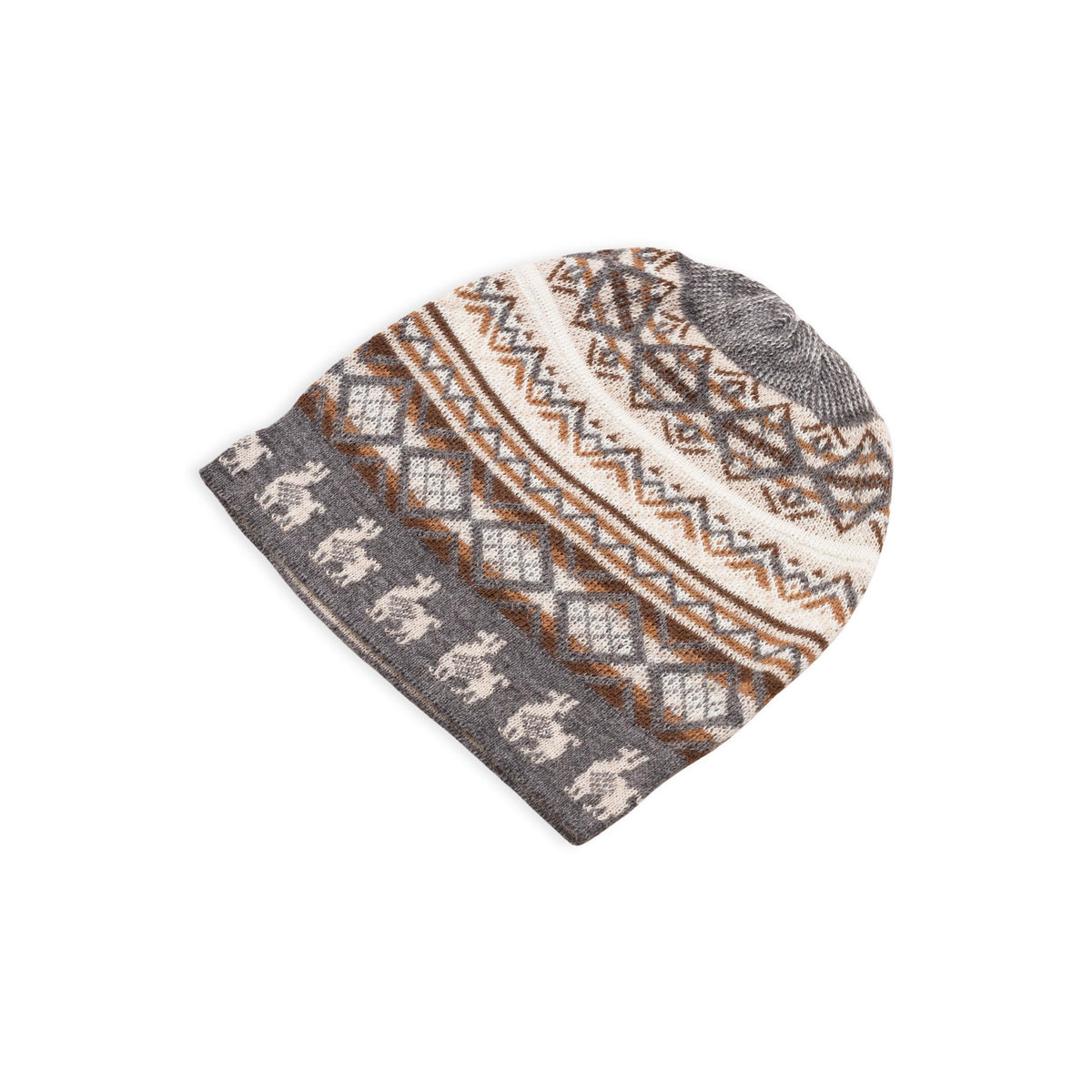 Alpaca Mountain - an Off-White Brown and Grey Diamond Motif Alpaca Blend Knit Hat