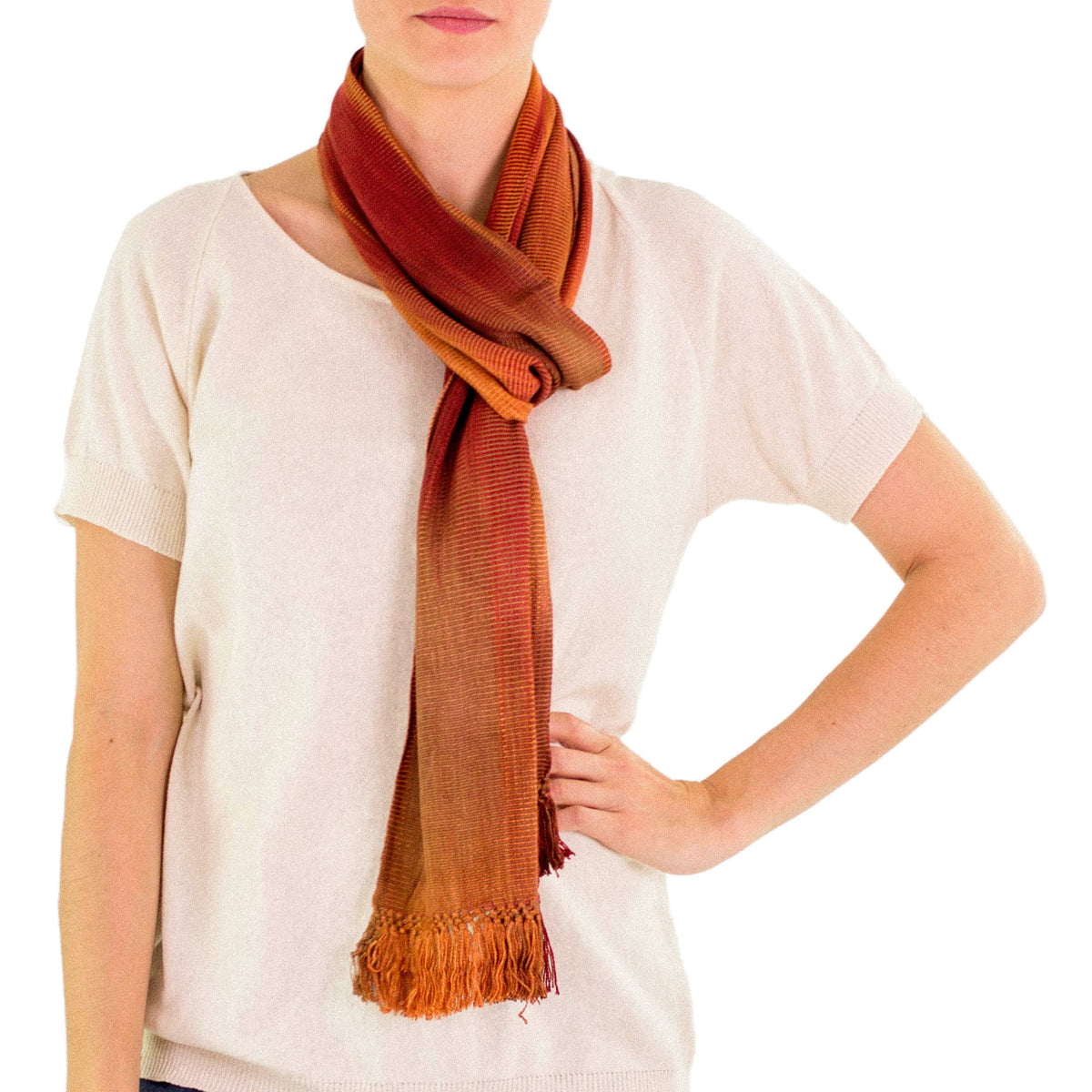 Orange Brown Maroon Hand Woven Rayon Chenille Scarf