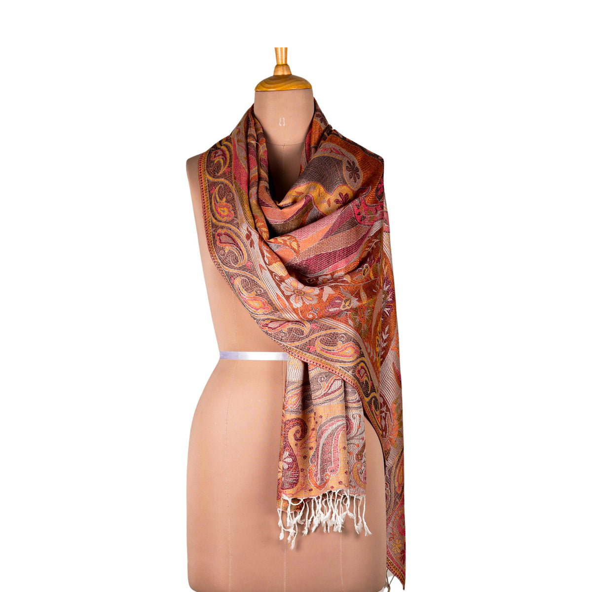 Paisley and Floral Jacquard Woven Shawl in Melon and Rose