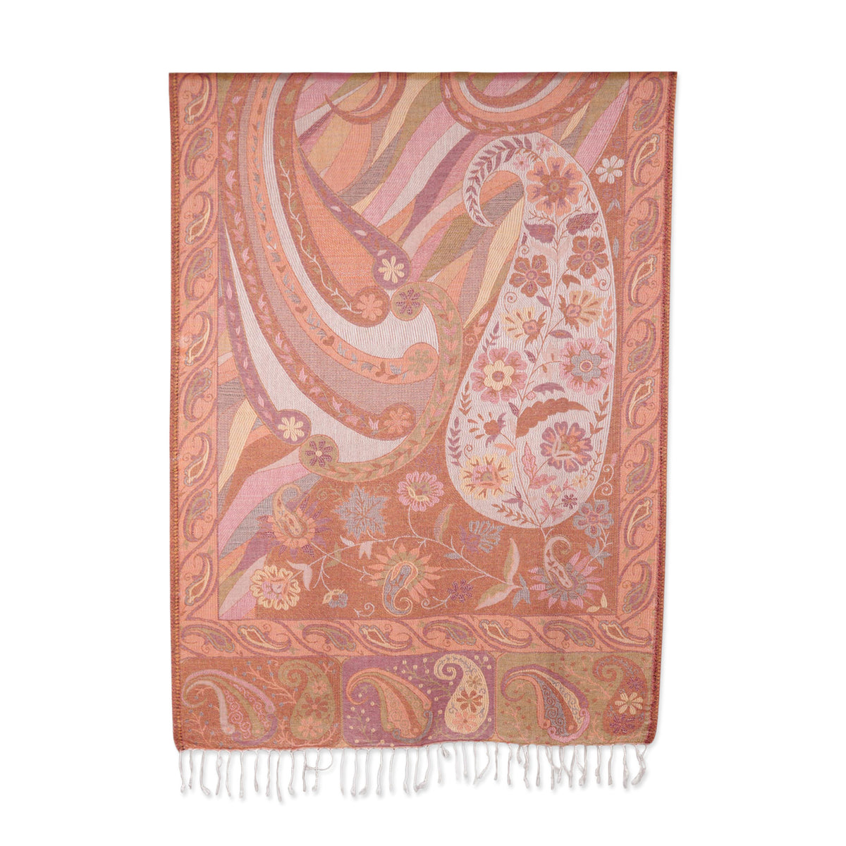 Paisley and Floral Jacquard Woven Shawl in Melon and Rose