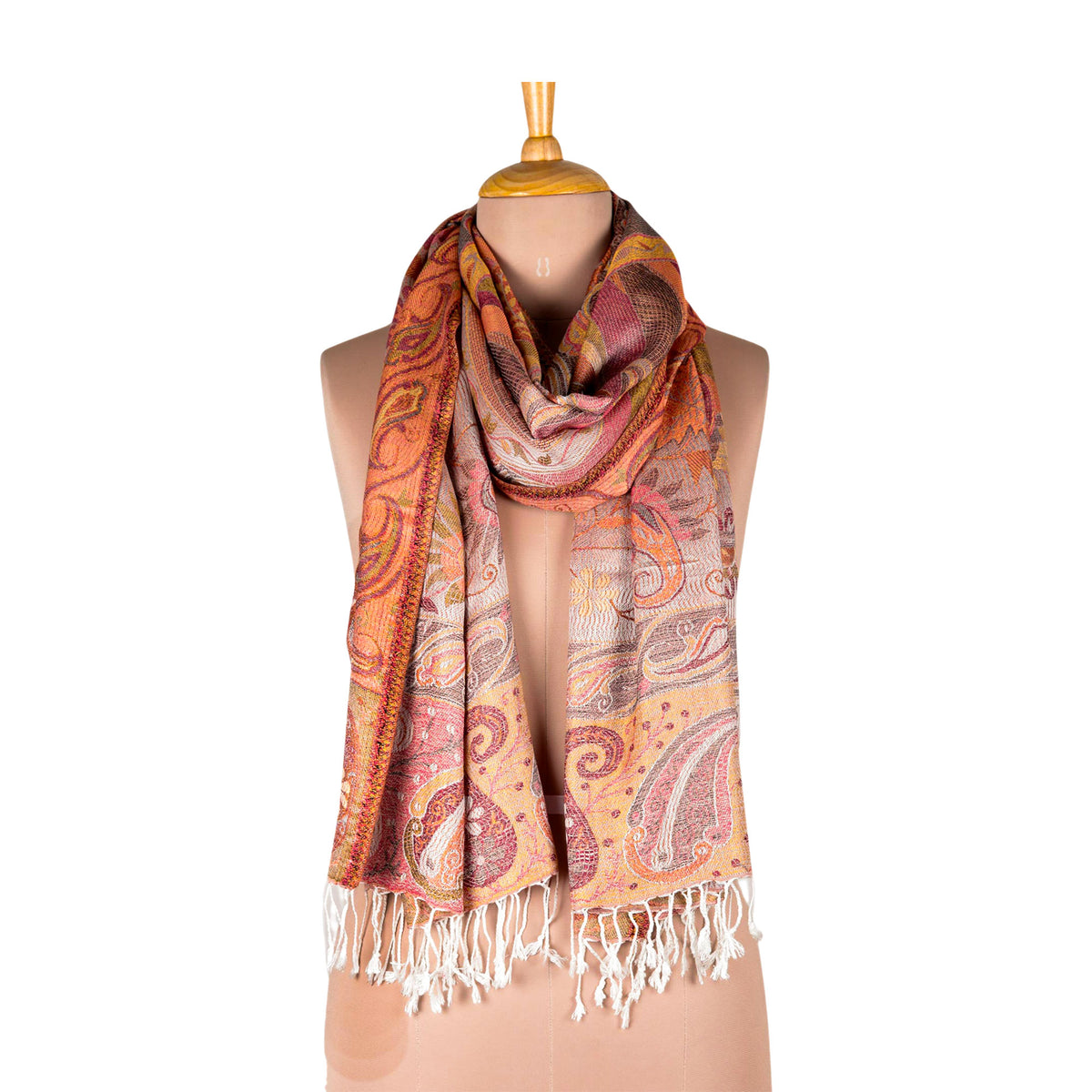 Paisley and Floral Jacquard Woven Shawl in Melon and Rose