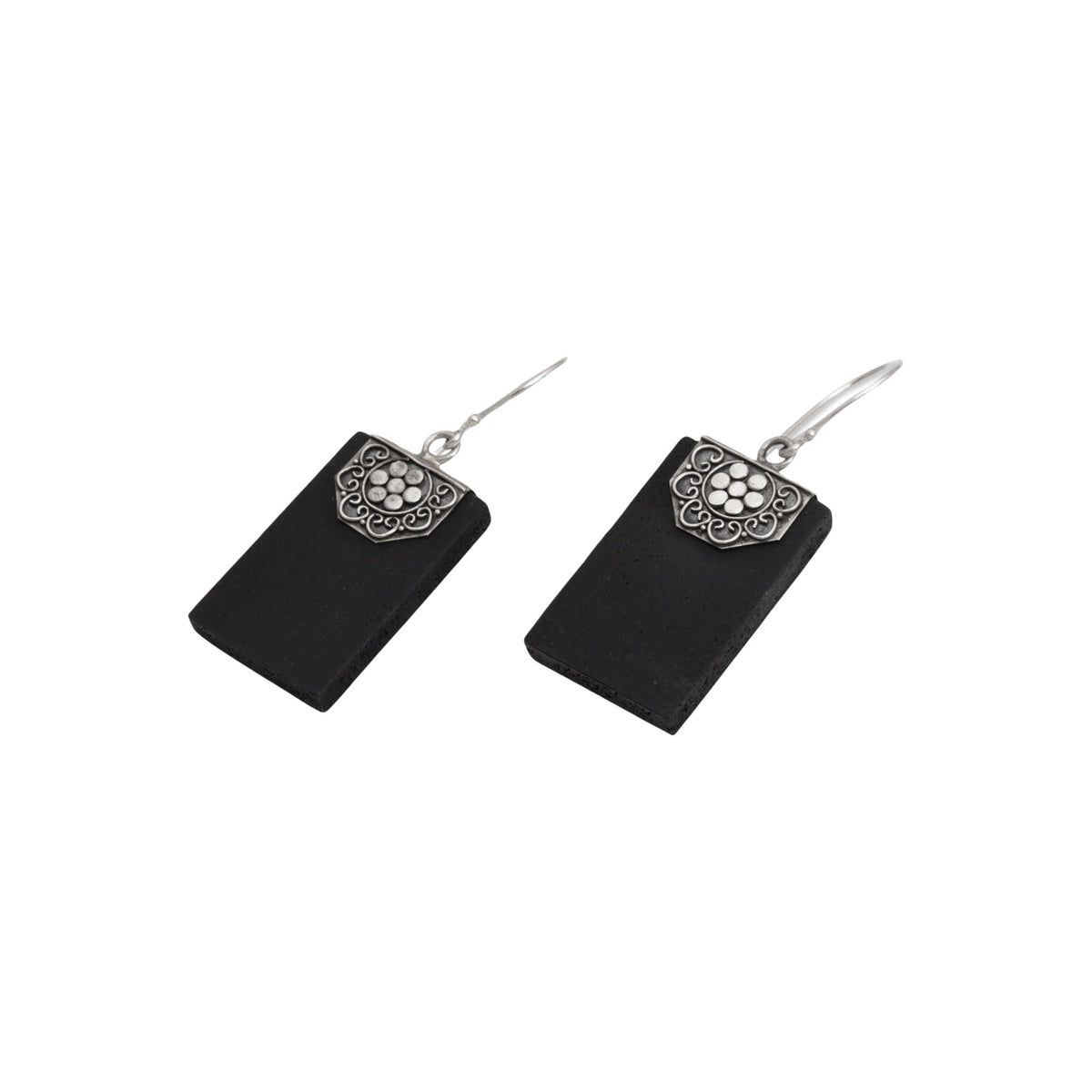 Bars of Midnight - a Rectangular Lava Stone and 925 Silver Earrings from Bali