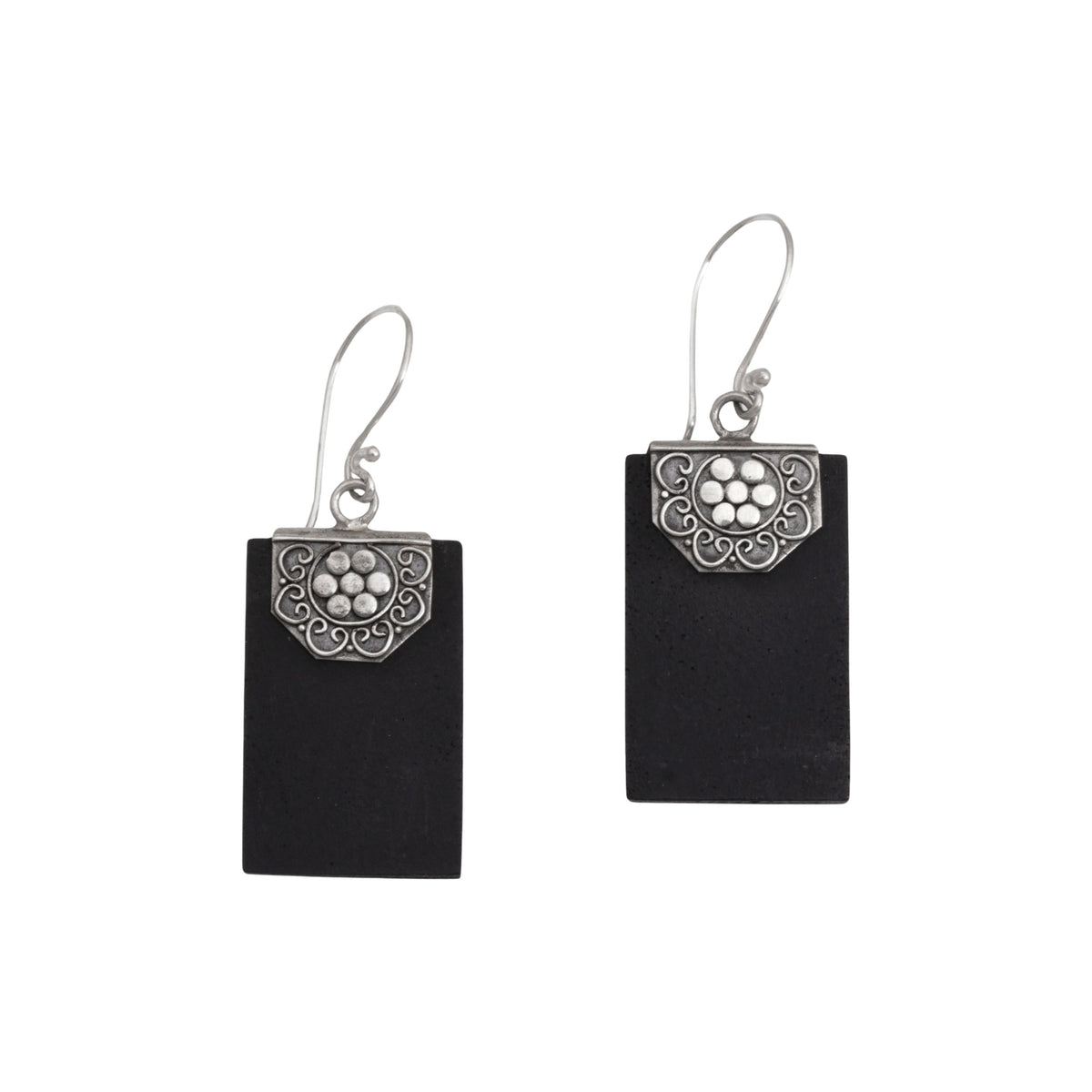 Bars of Midnight - a Rectangular Lava Stone and 925 Silver Earrings from Bali