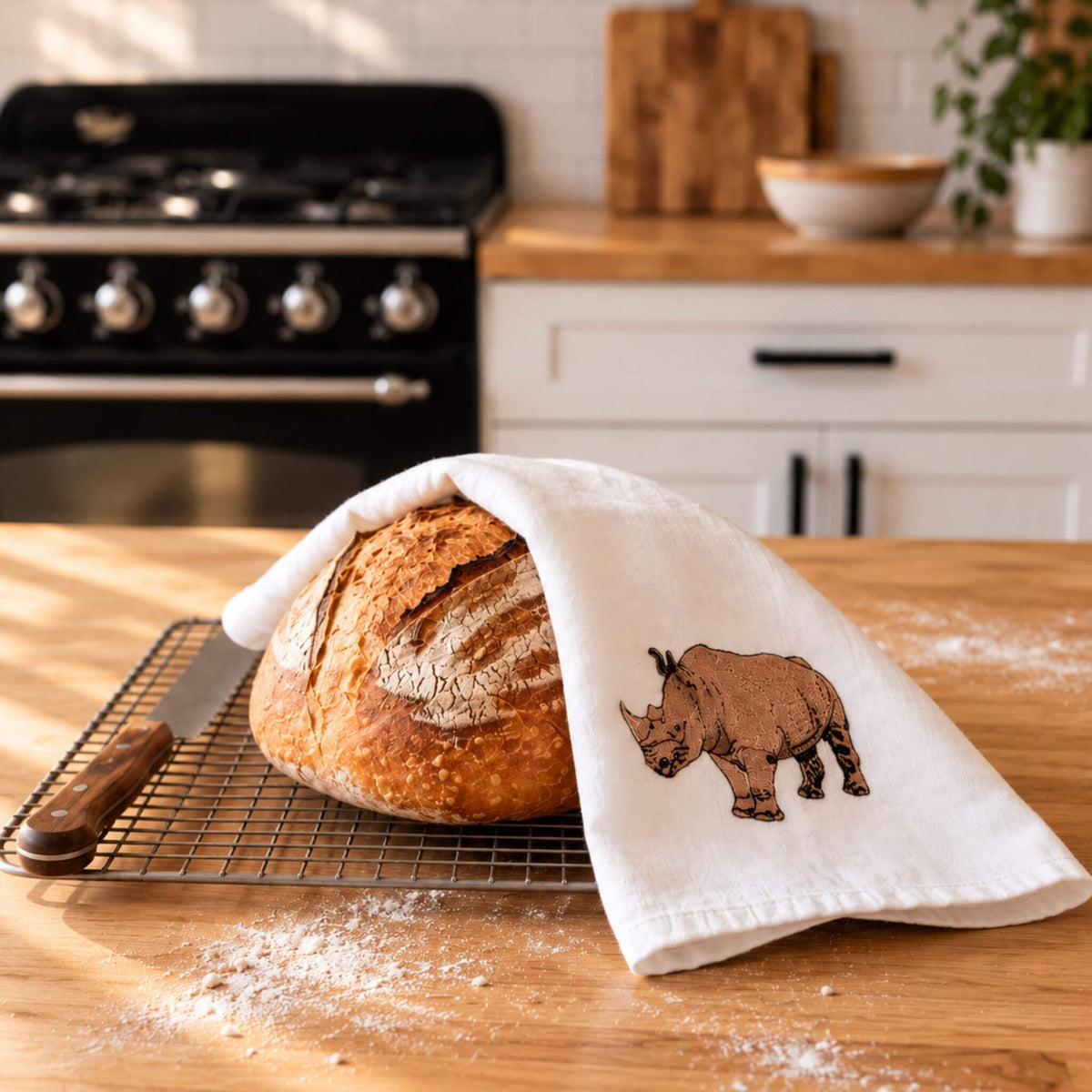 African Wildlife Embroidered Tea Towel, Rhino