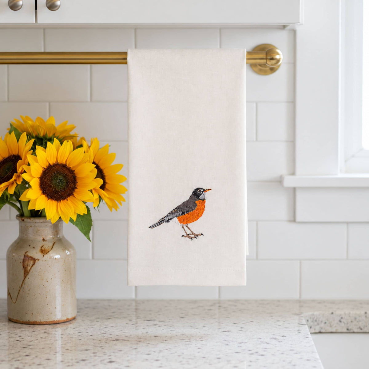 Bird Embroidered Tea Towel, Robin