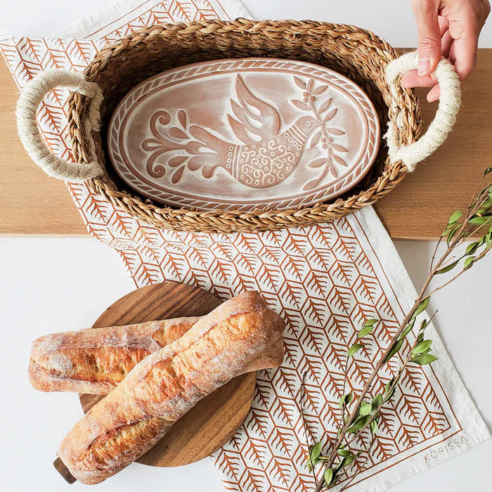 Bread Warmer & Basket with Tea Towel Oval Gift Set