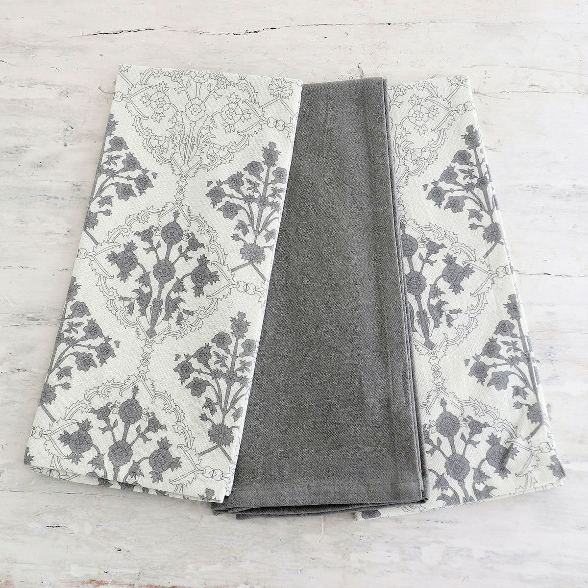 Beautiful Set of Dish Towels in Grey and White with Printed Damask Patterns