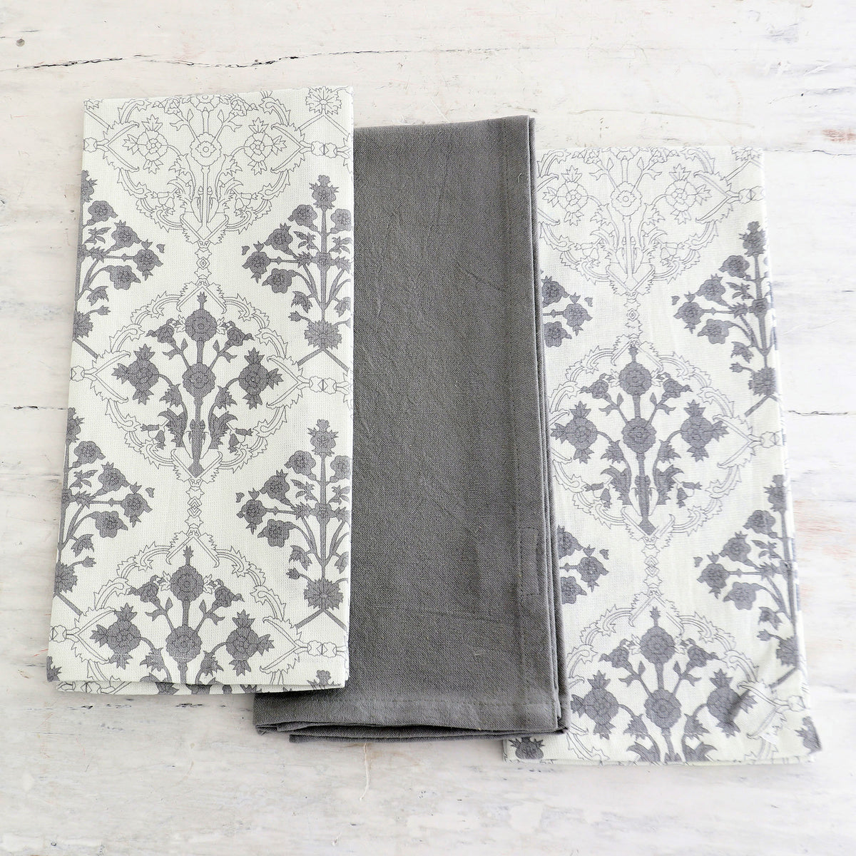 Beautiful Set of Dish Towels in Grey and White with Printed Damask Patterns