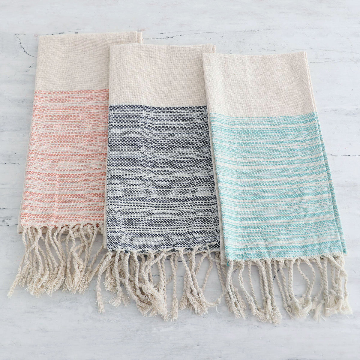 Set of Cotton Dish Towels in Pattern Stripes with Fringes