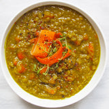 Split pea soup cooked and presented in bowl