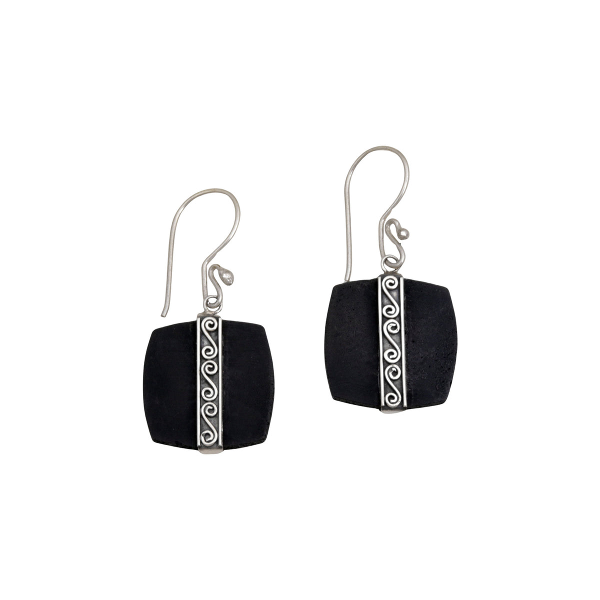 Temple Bands - a Sterling Silver and Lava Stone Spiral Motif Dangle Earrings