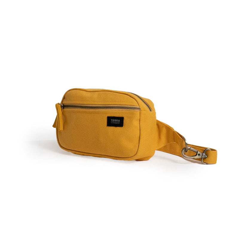 Sustainable organic cotton fanny pack in a mustard yellow color