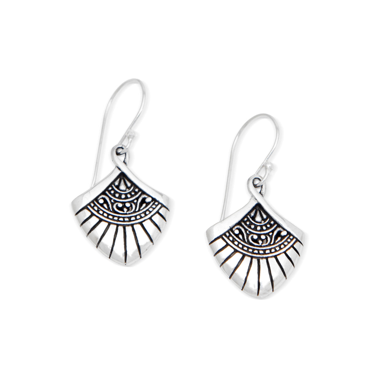 Traditional Fan-Shaped Sterling Silver Dangle Earrings - Gianyar Morning 