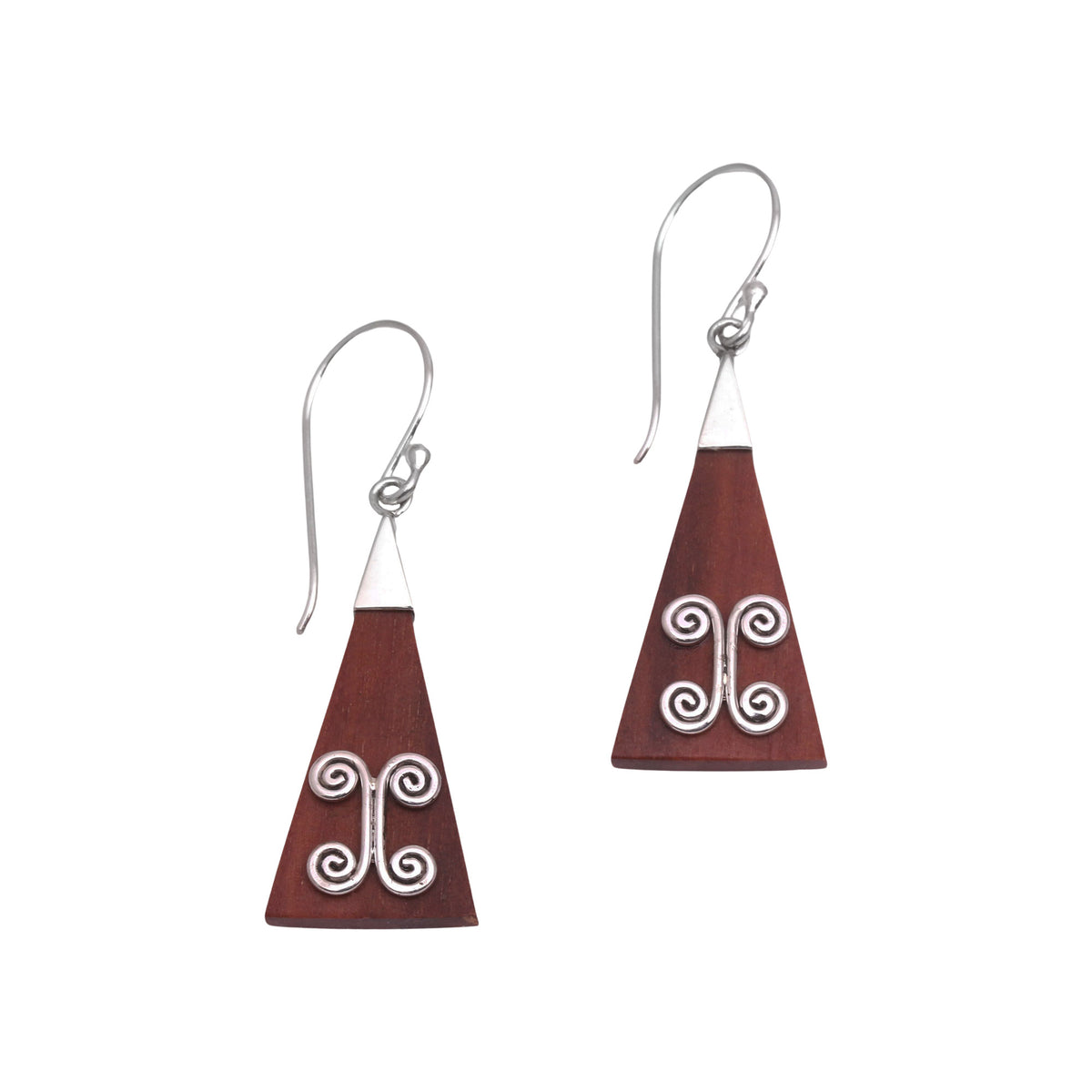 Reach - A Pair of Wood Triangle Sterling Silver Swirl Modern Dangle Earrings