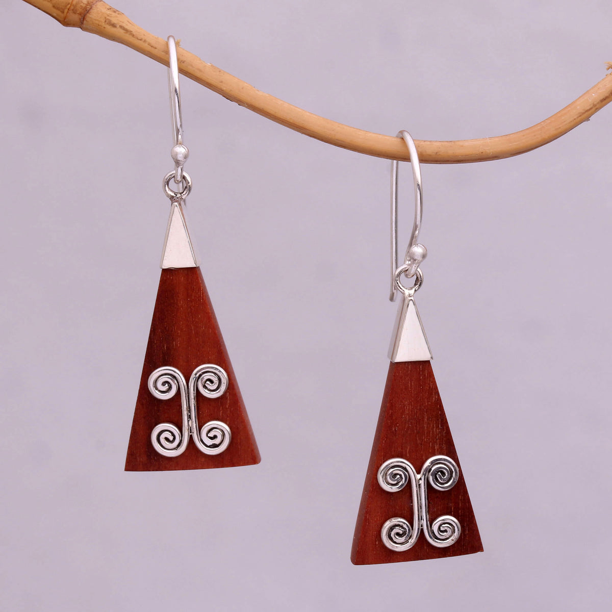 Reach - A Pair of Wood Triangle Sterling Silver Swirl Modern Dangle Earrings