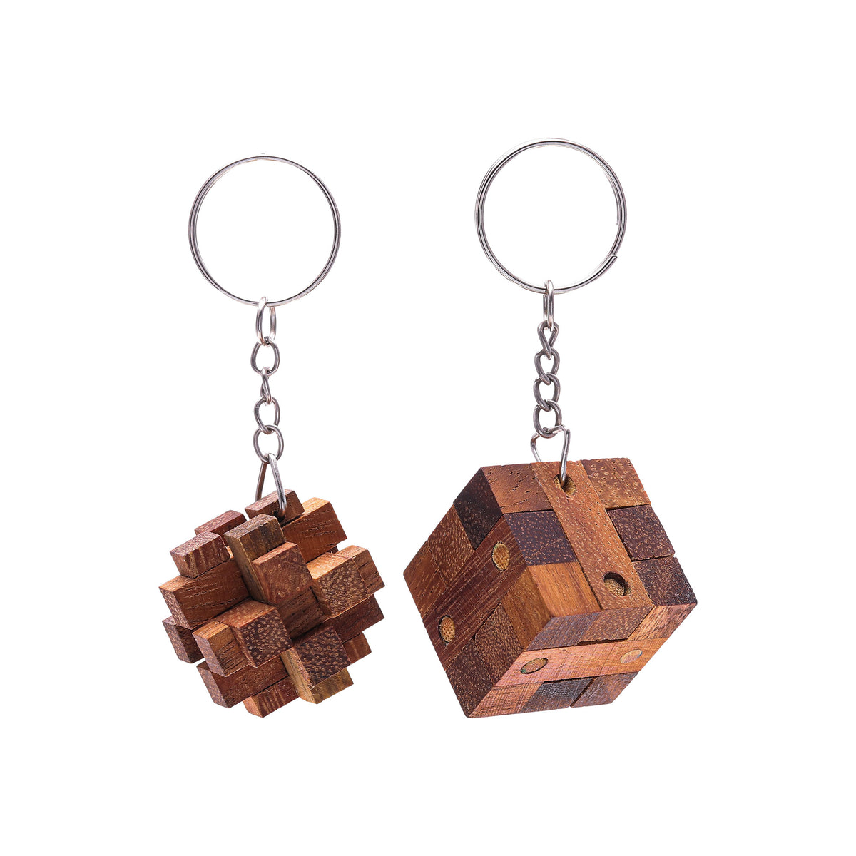 Nails and Squares - a Pair of Wooden Puzzle Keyrings from Thailand