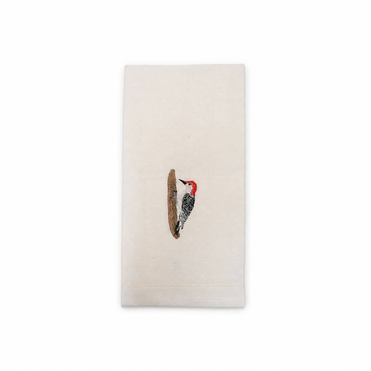 Bird Embroidered Tea Towel, Woodpecker