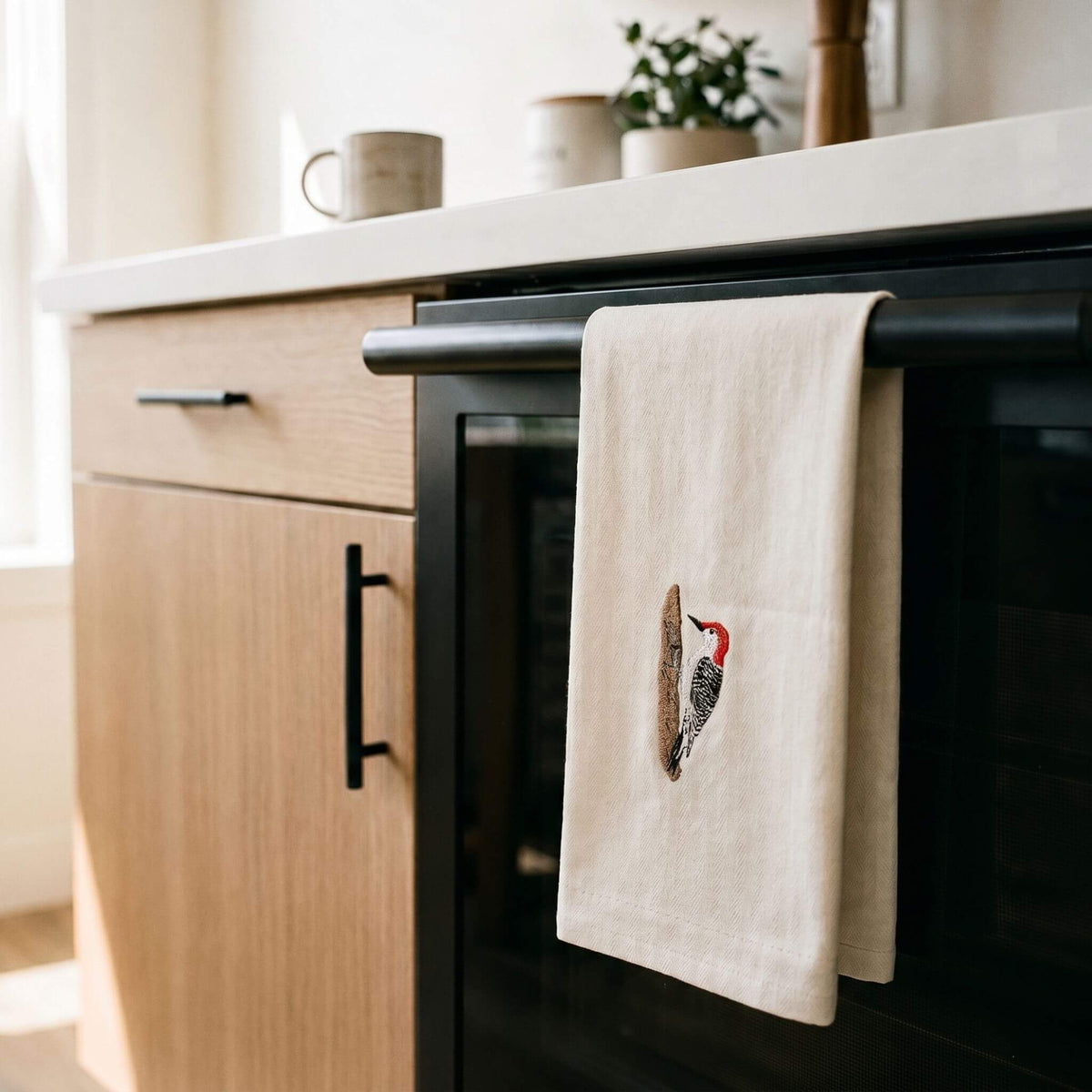 Bird Embroidered Tea Towel, Woodpecker