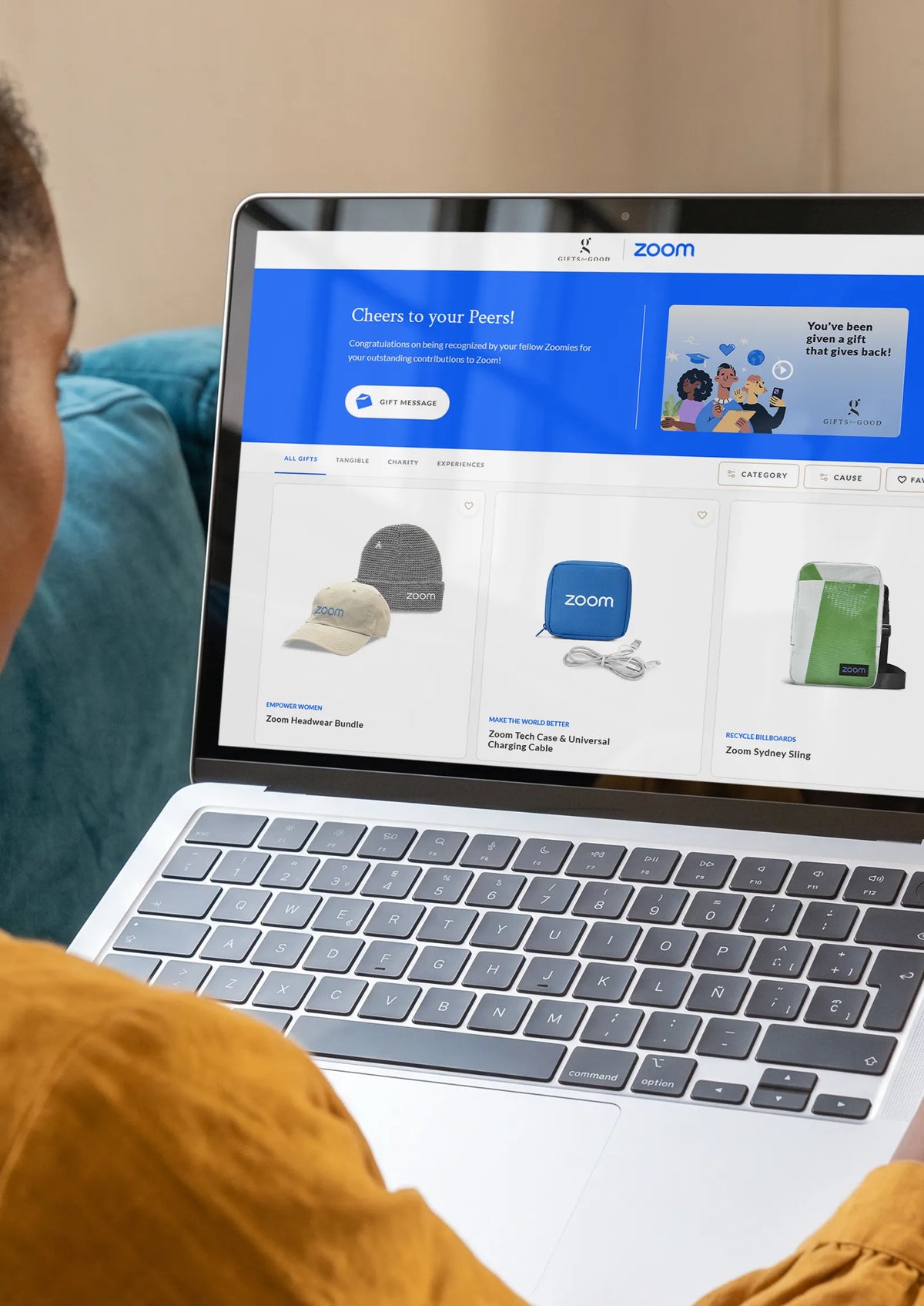 Recipient browsing a choice-based gift marketplace on a tablet