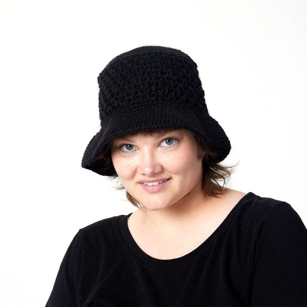 Black Crochet Bucket Hat on model